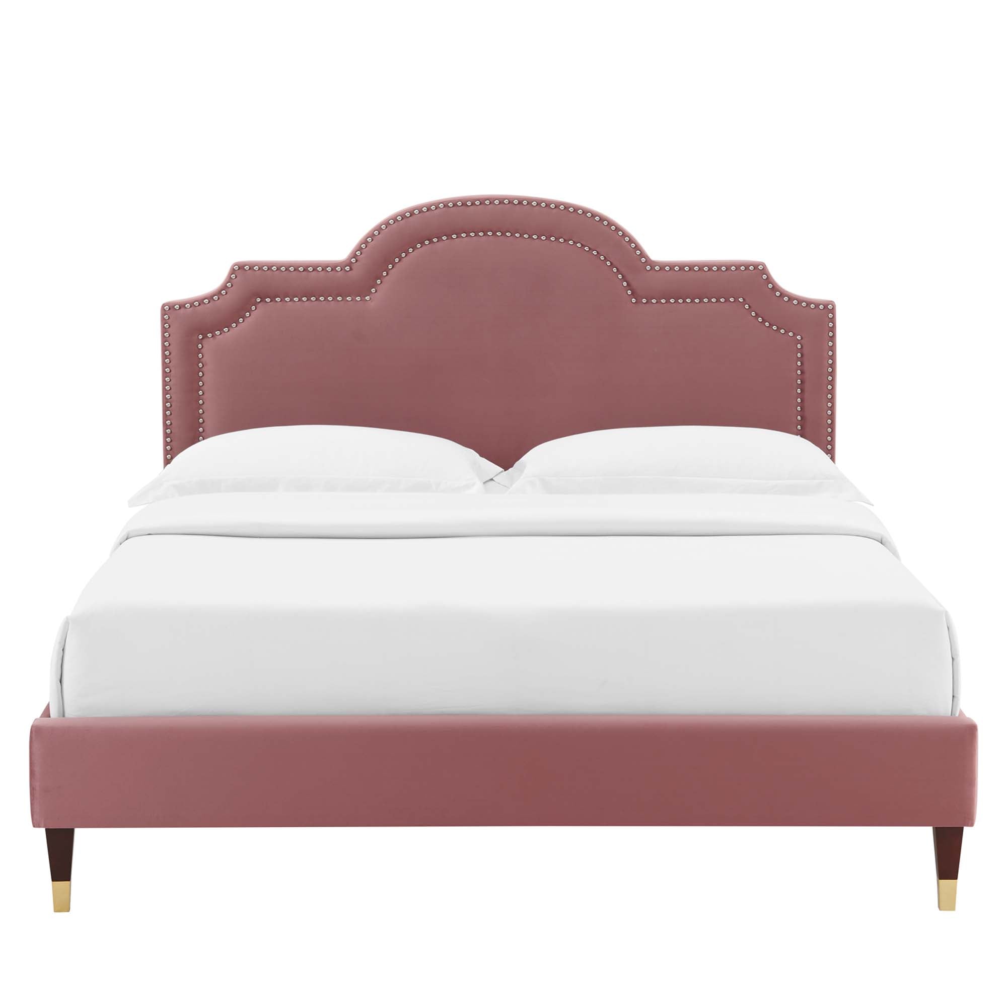 Quinley Full Size Performance Velvet Bed – Dusty Rose Upholstered Platform with Gold Accents