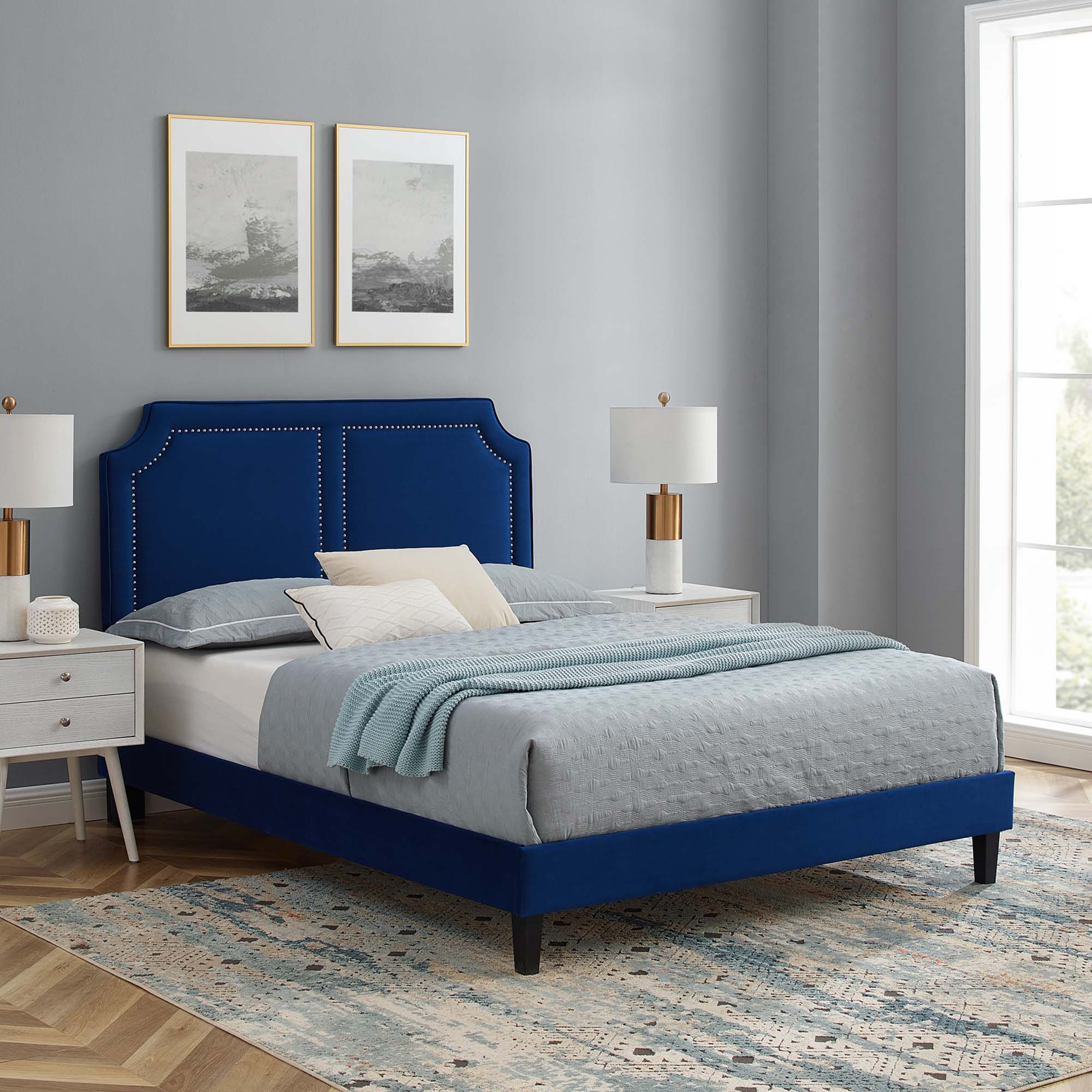 Navy Performance Jovi Velvet Full Platform Bed – Mid-Century Modern with Nailhead Trim