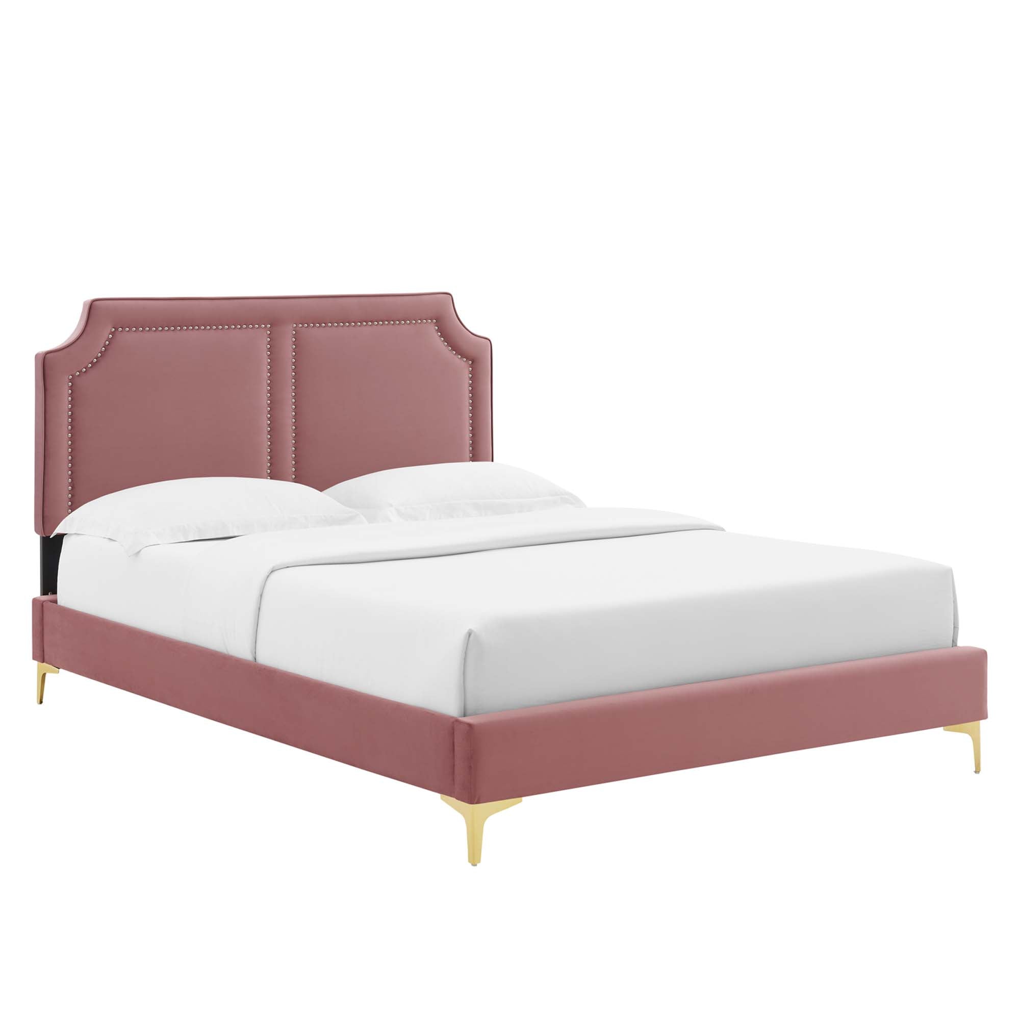 Queen Dusty Rose Envision Performance Velvet Platform Bed – Modern Upholstered with Gold Metal Legs