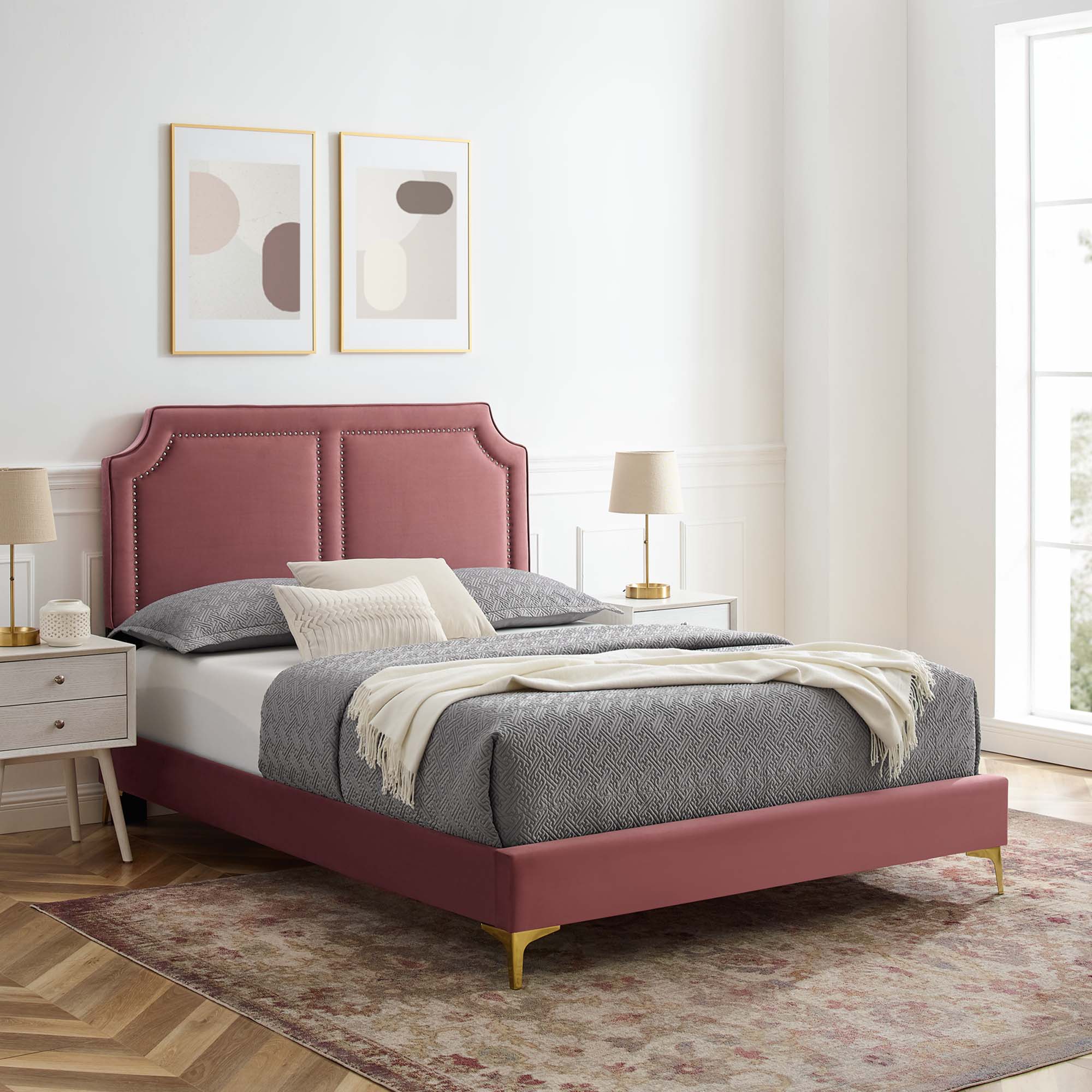 Queen Dusty Rose Envision Performance Velvet Platform Bed – Modern Upholstered with Gold Metal Legs