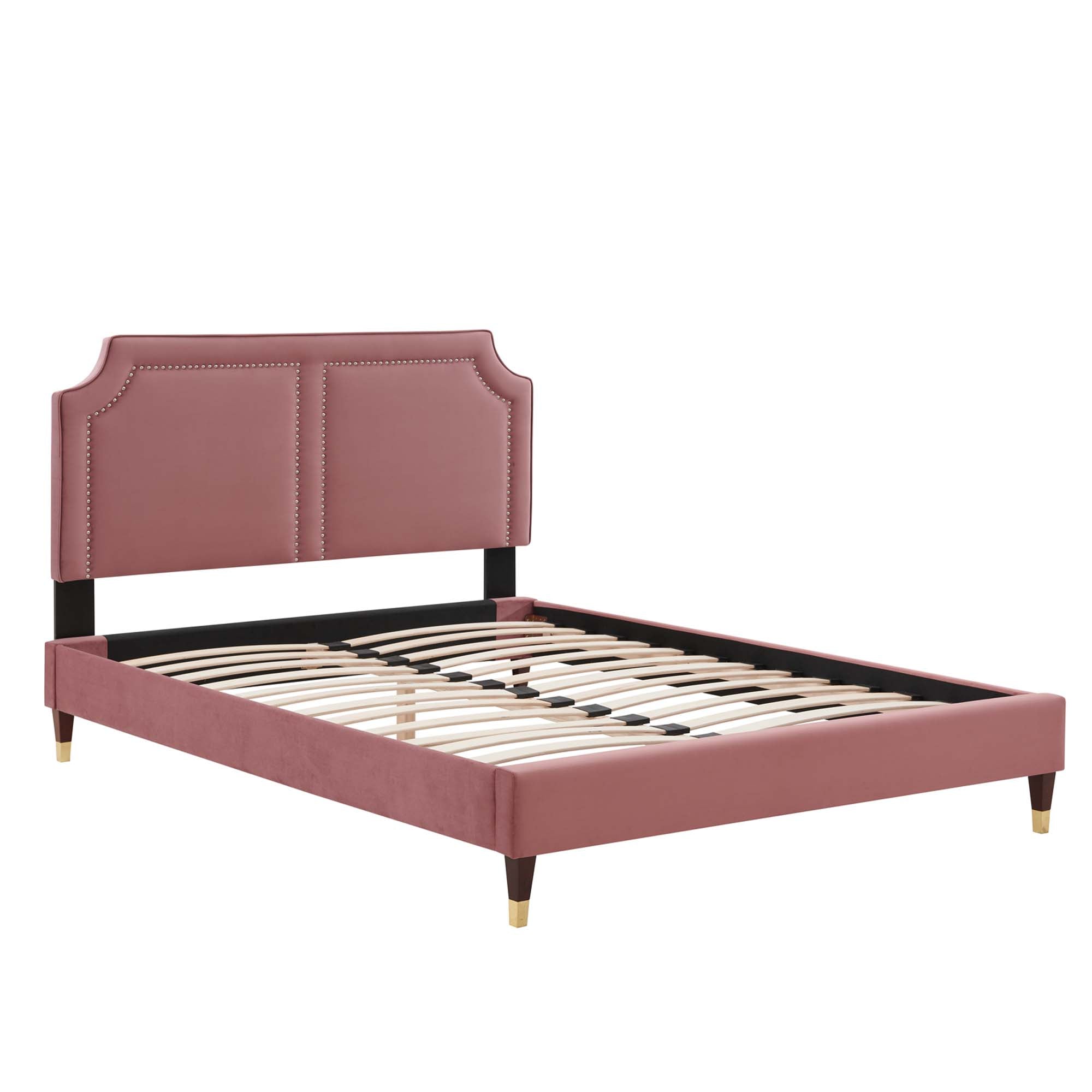 Queen Dusty Rose Distinct Performance Velvet Upholstered Bed – Gold Accent Platform