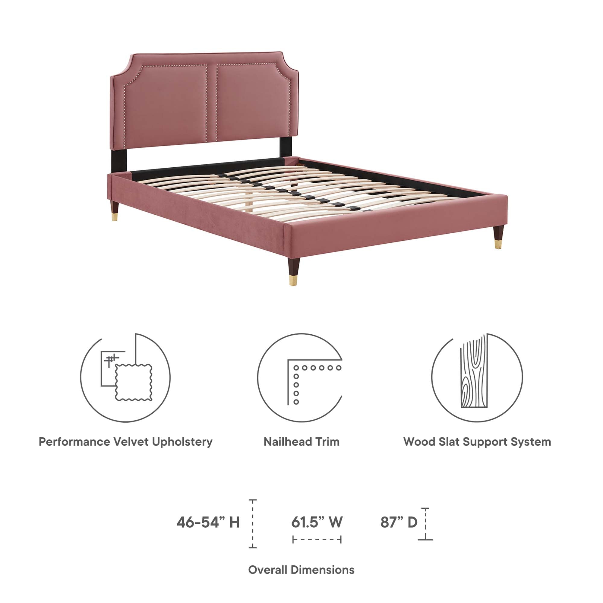 Queen Dusty Rose Distinct Performance Velvet Upholstered Bed – Gold Accent Platform