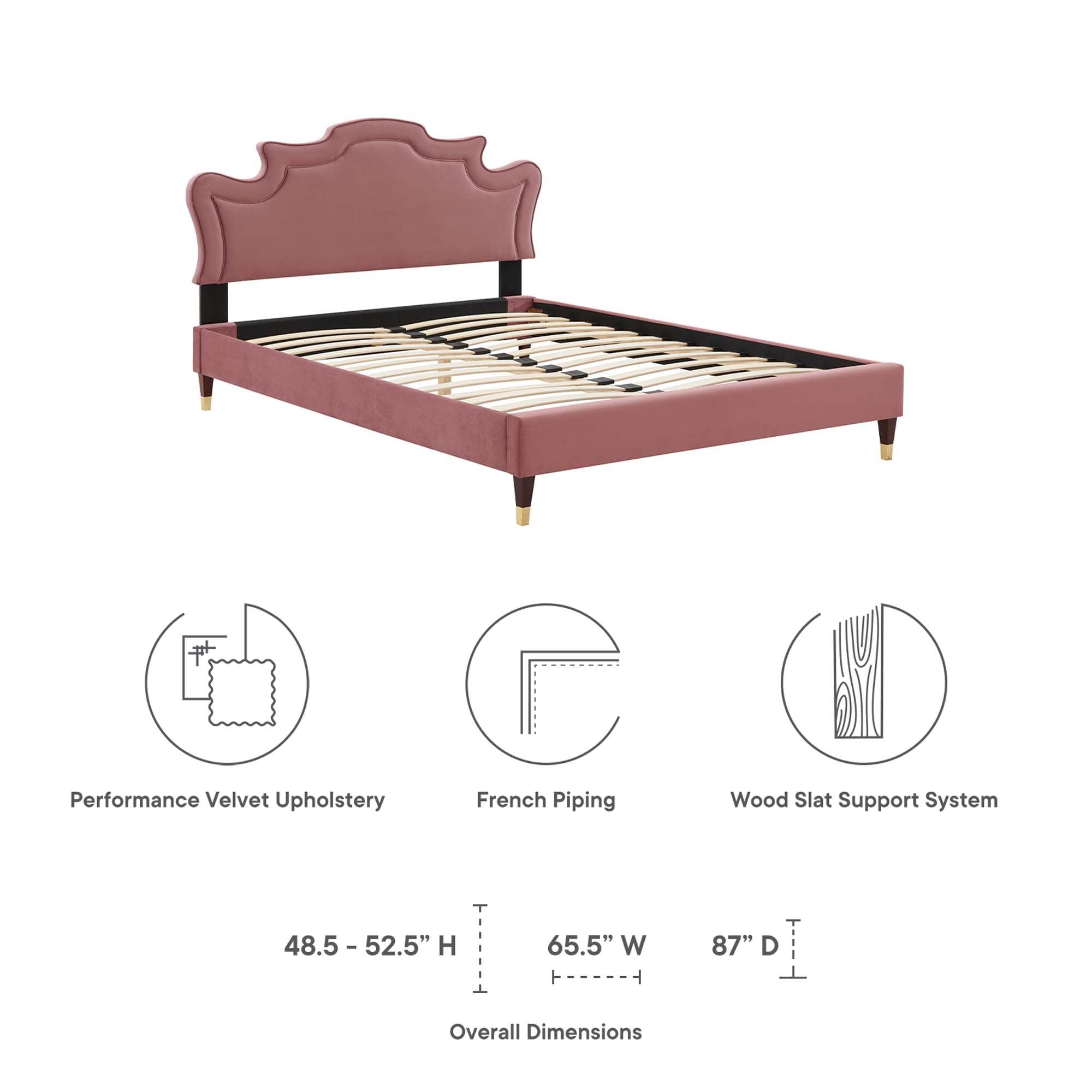 Dusty Rose Caledonia Performance Velvet Queen Platform Bed – Victorian Headboard Design