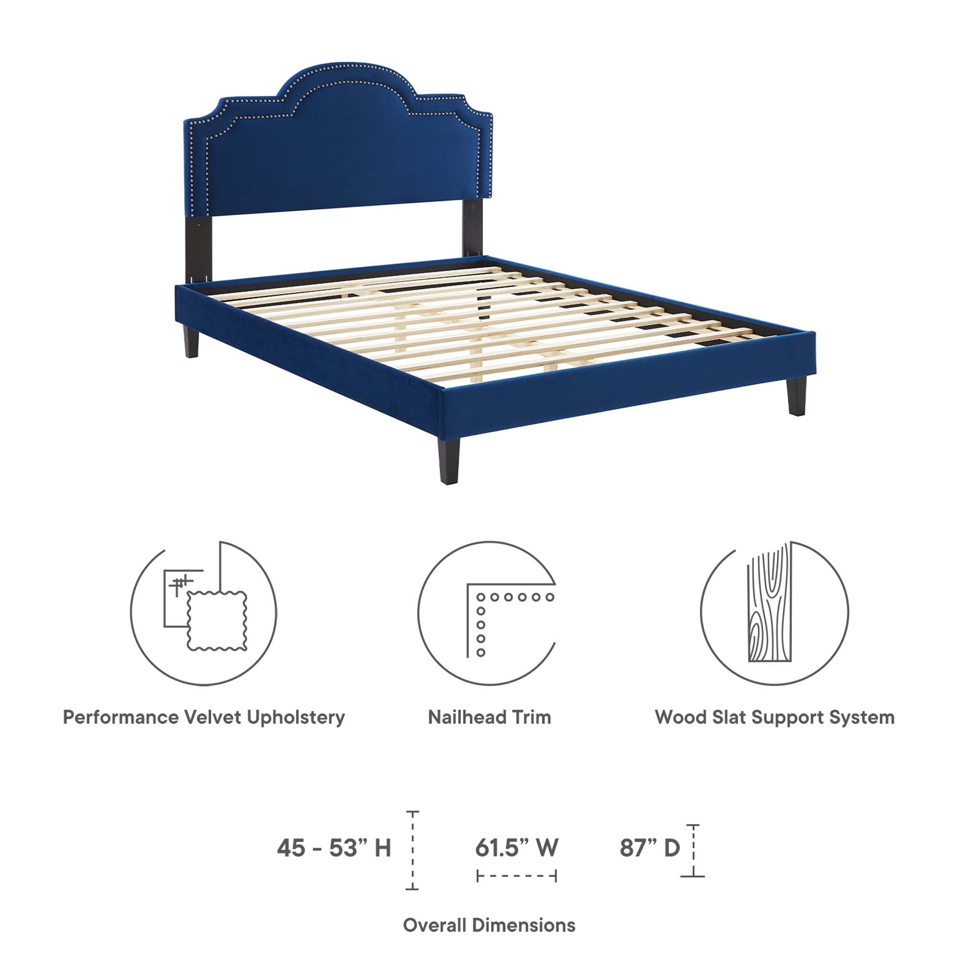 Emerson Queen Navy Velvet Platform Bed – Upholstered Bed Frame