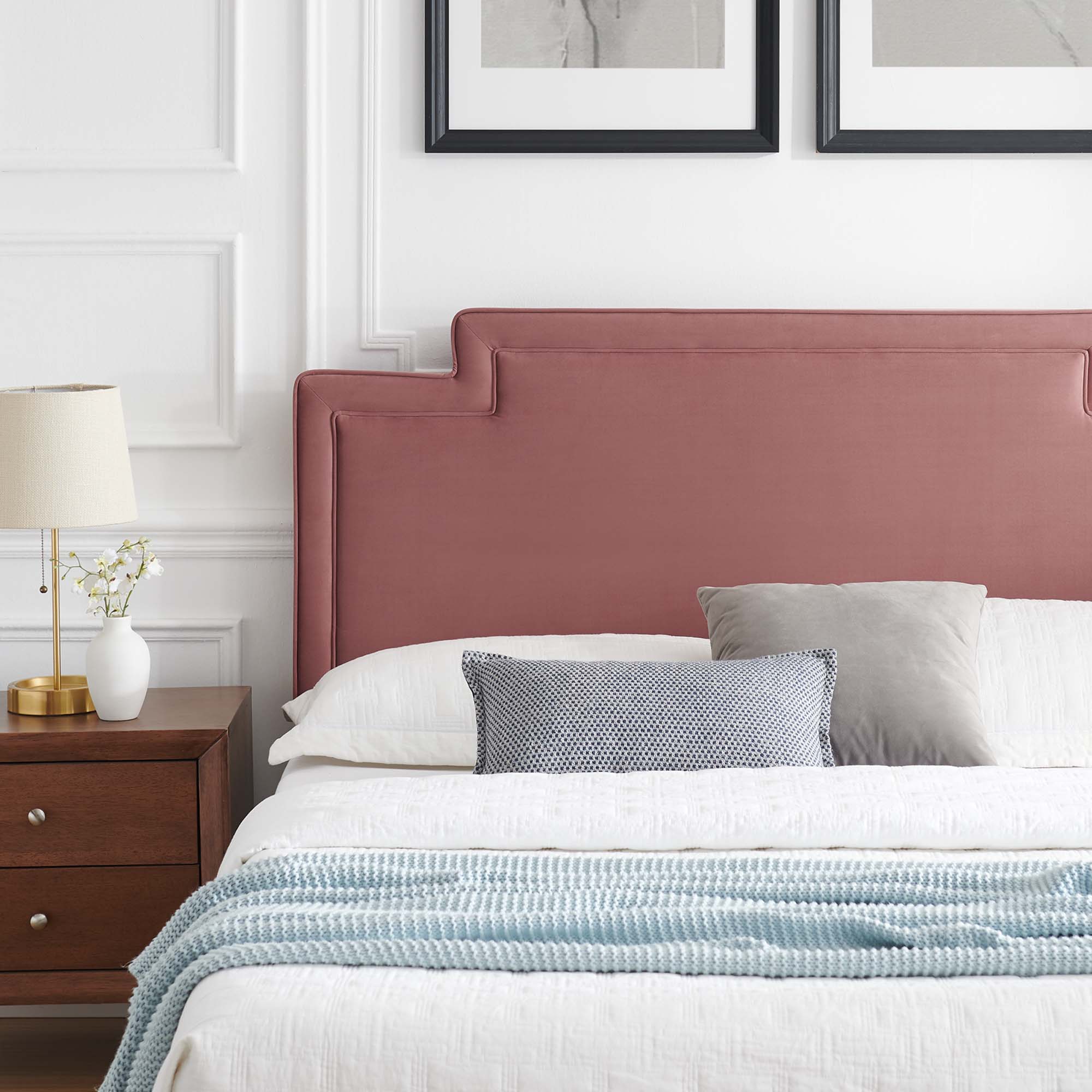 Queen Conway Upholstered Bed in Dusty Rose – Modern Velvet Frame with Tufted Panels