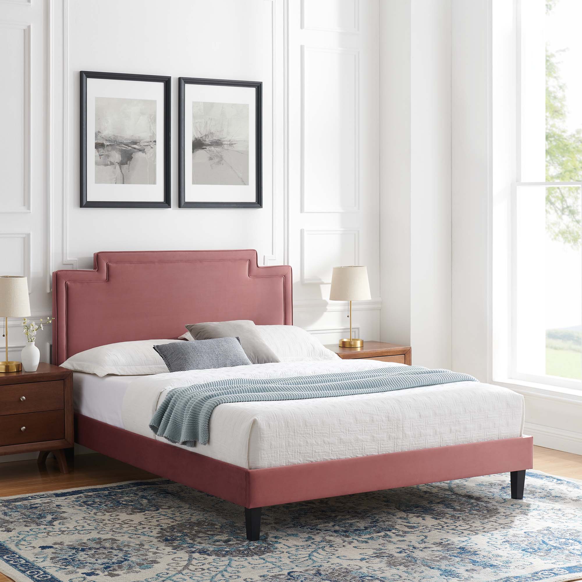 Queen Conway Upholstered Bed in Dusty Rose – Modern Velvet Frame with Tufted Panels