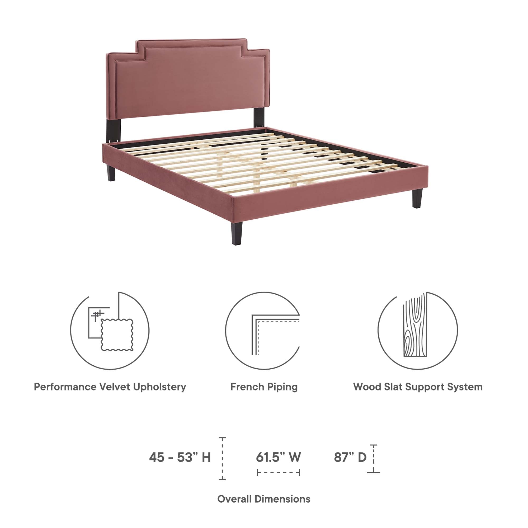 Queen Conway Upholstered Bed in Dusty Rose – Modern Velvet Frame with Tufted Panels