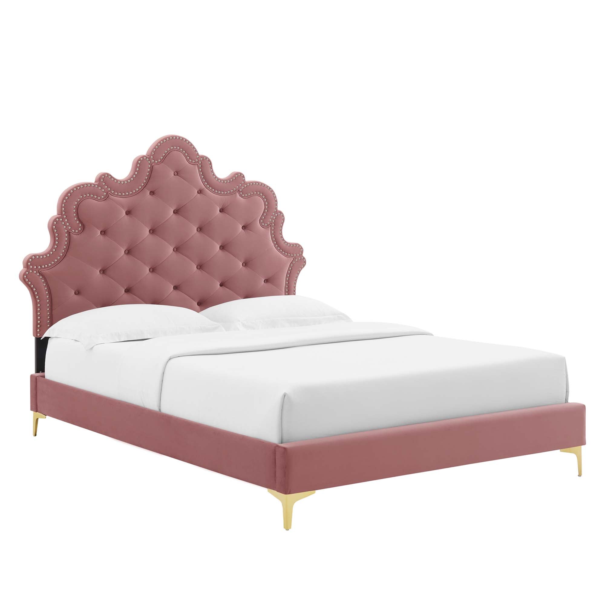 Cassia Victorian King Performance Velvet Bed – White Button-Tufted Upholstered with Metal Frame