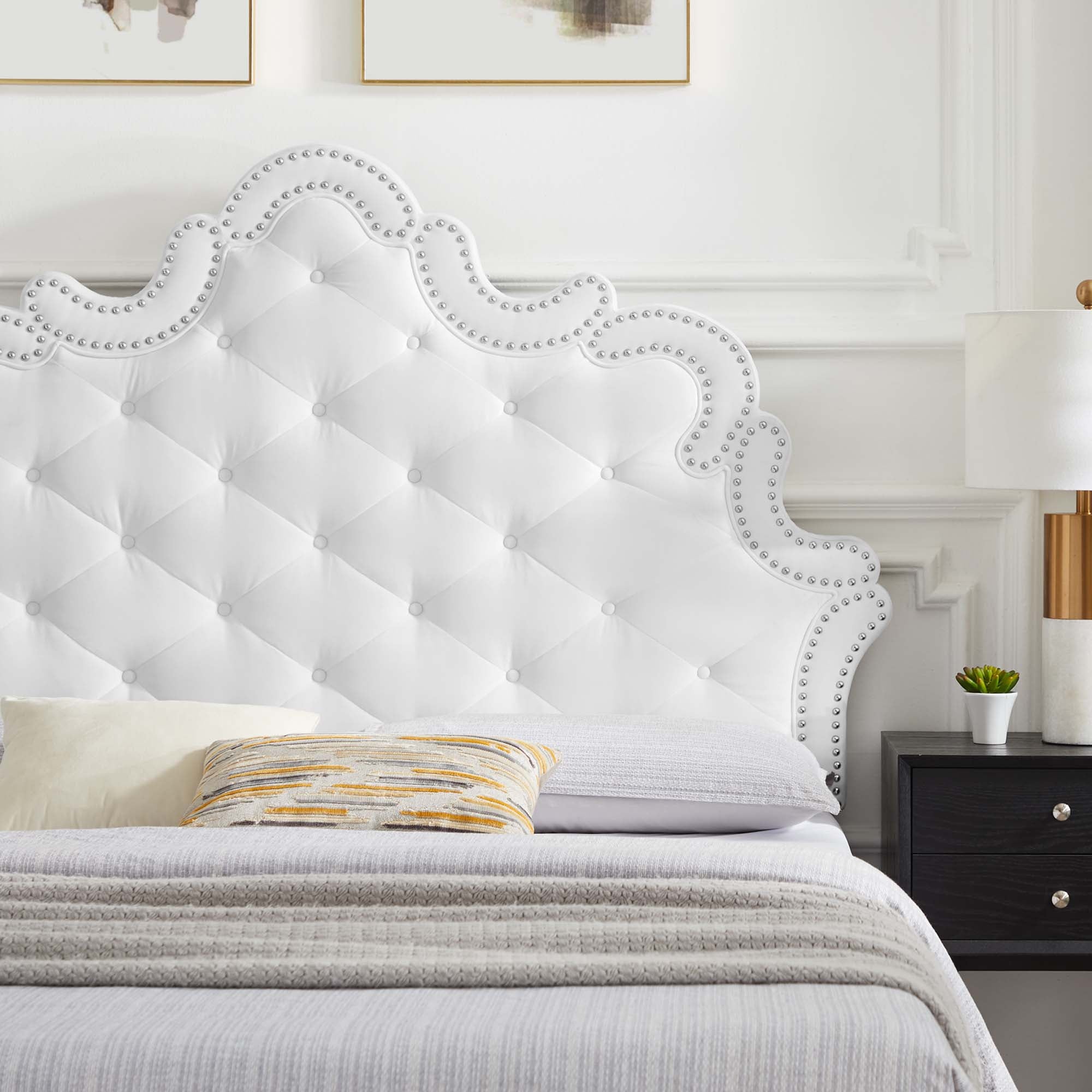 Cassia Victorian King Performance Velvet Bed – White Button-Tufted Upholstered with Metal Frame