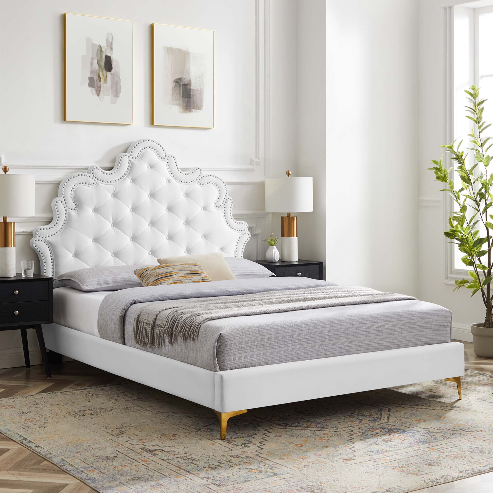 Cassia Victorian King Performance Velvet Bed – White Button-Tufted Upholstered with Metal Frame