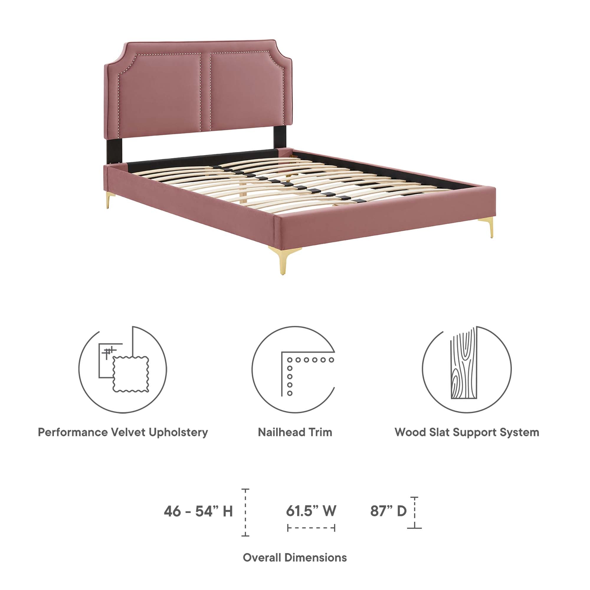 Maine Dusty Rose King Velvet Platform Bed – No Box Spring