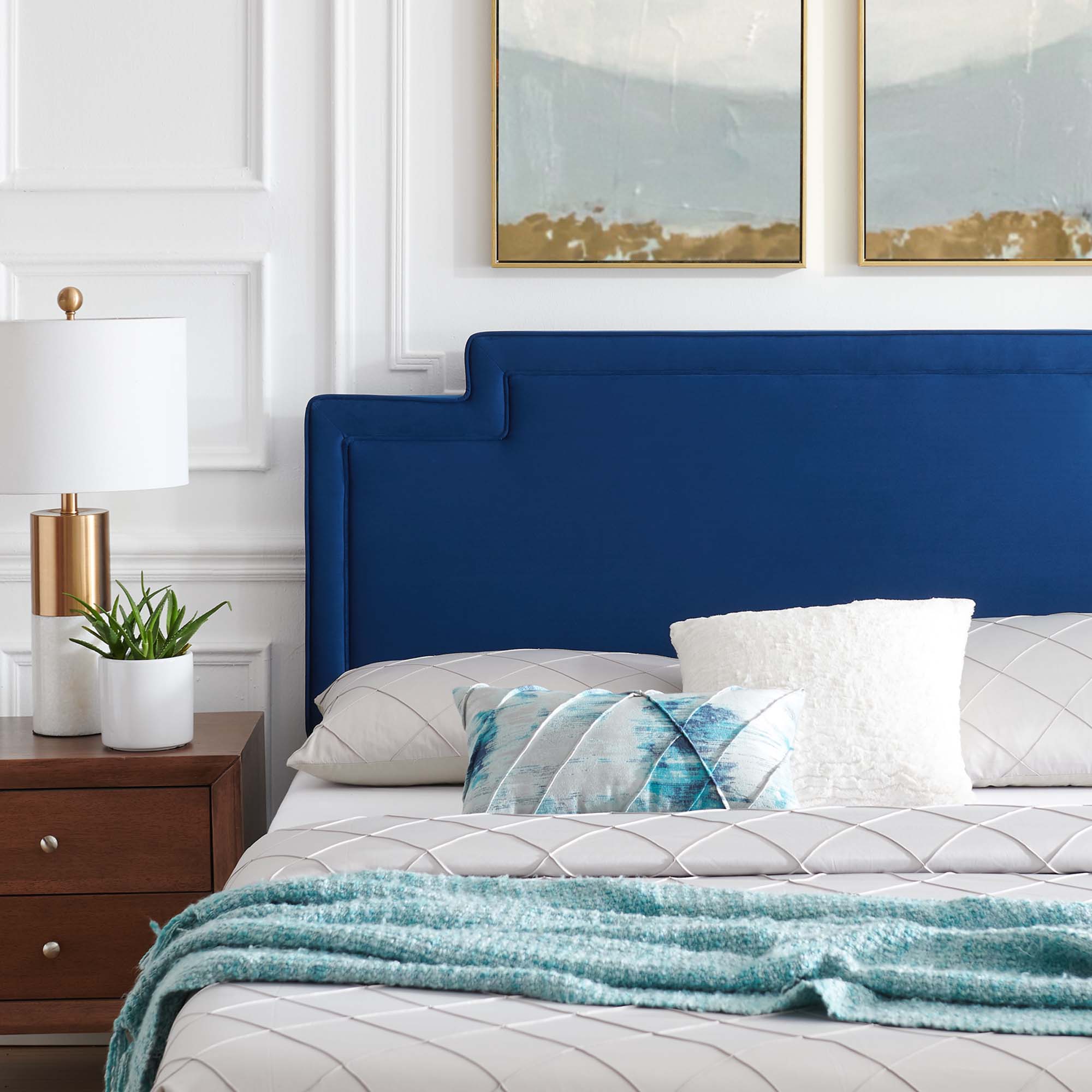 Amplify Navy Performance Velvet King Bed – Modern Glam with Channel Tufting