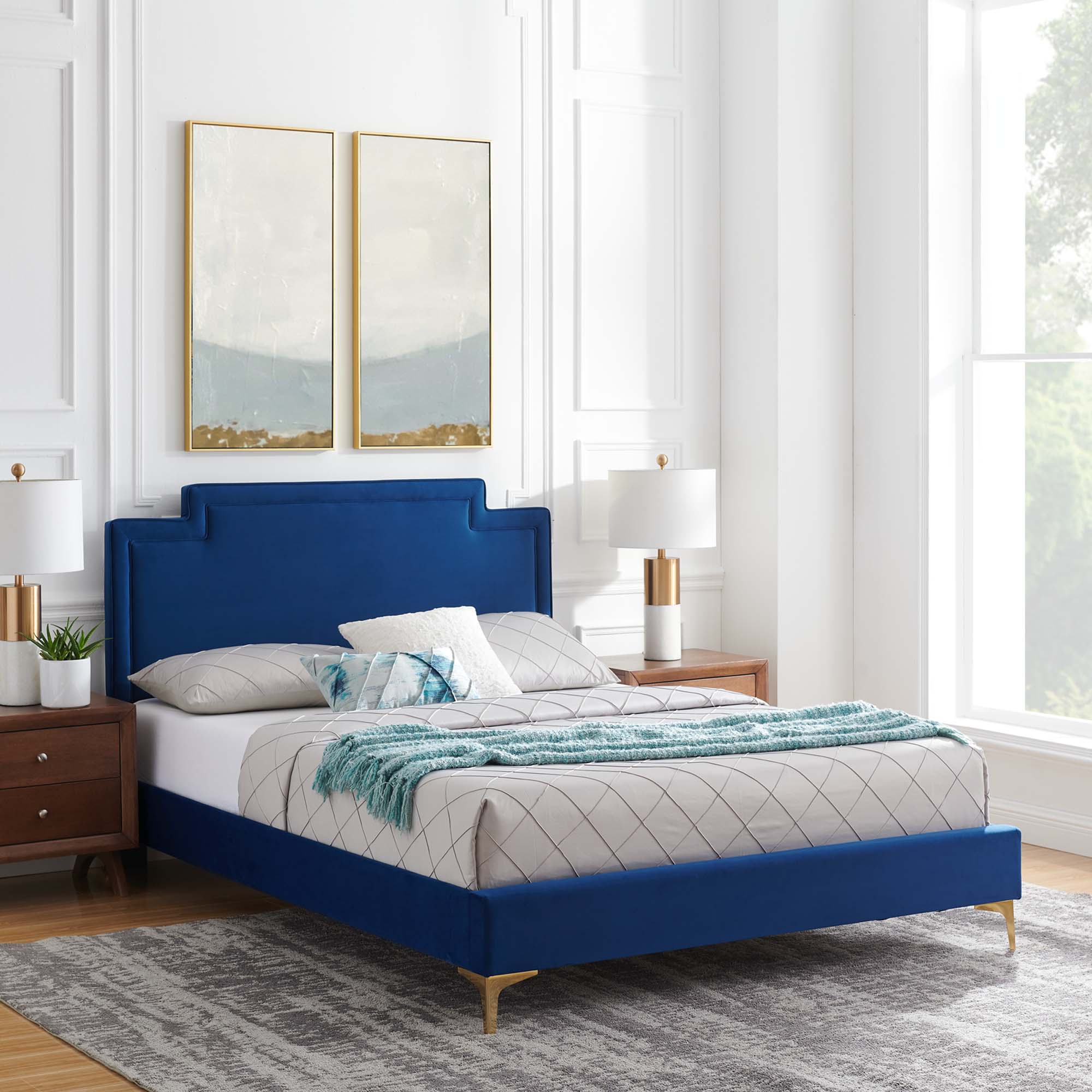 Amplify Navy Performance Velvet King Bed – Modern Glam with Channel Tufting