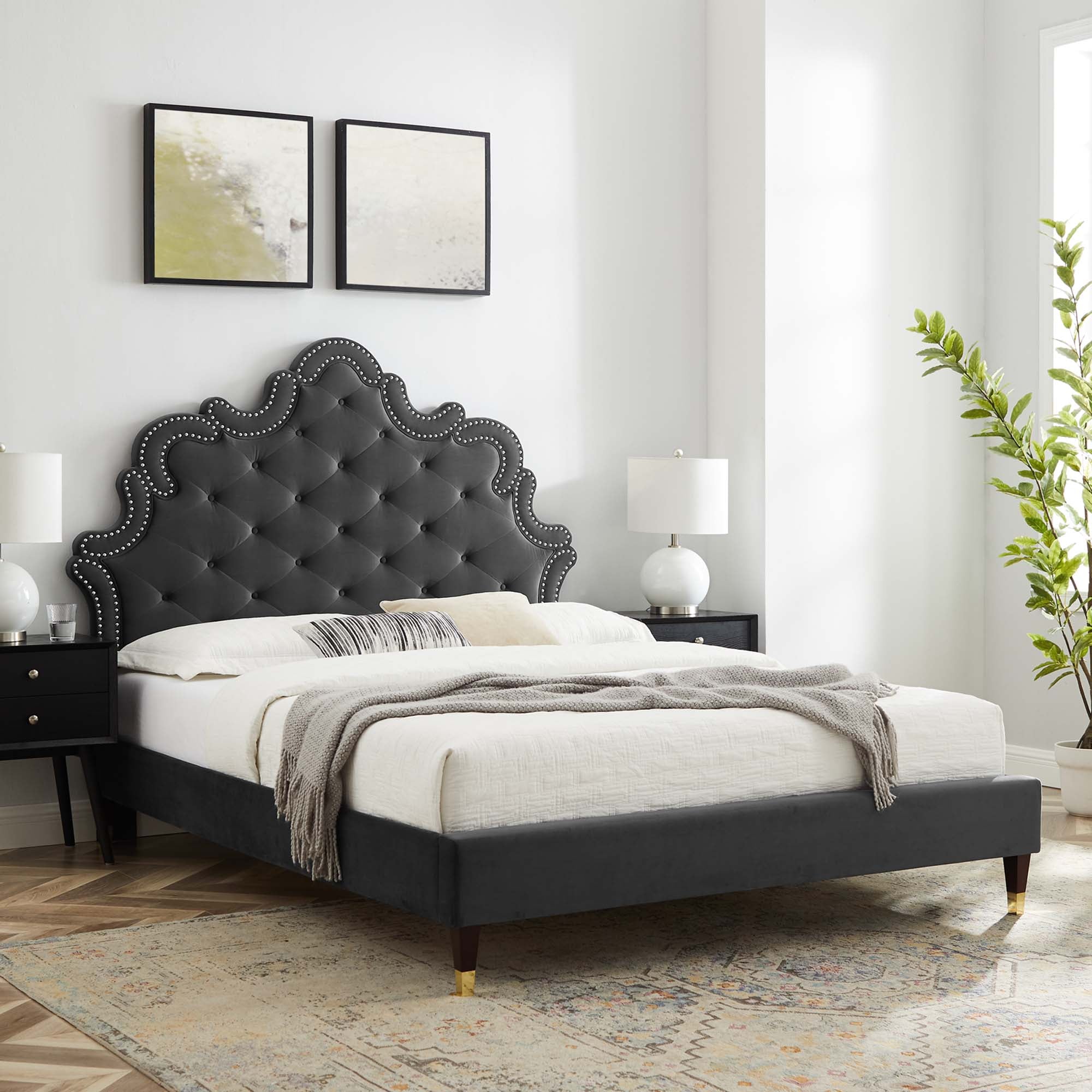 Ernie Charcoal King Platform Bed Frame – Stain-Resistant Performance Velvet with Gold Accents