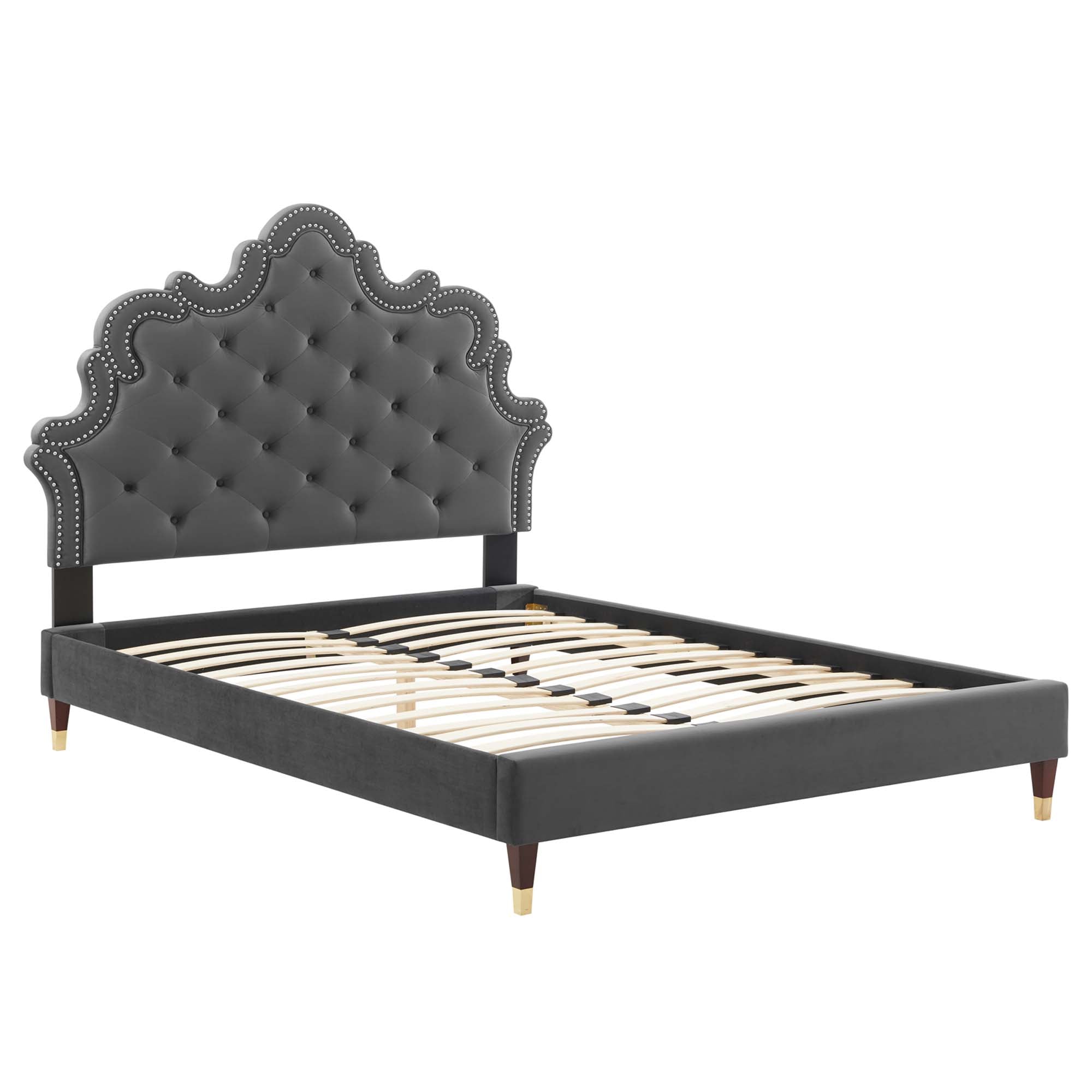 Ernie Charcoal King Platform Bed Frame – Stain-Resistant Performance Velvet with Gold Accents