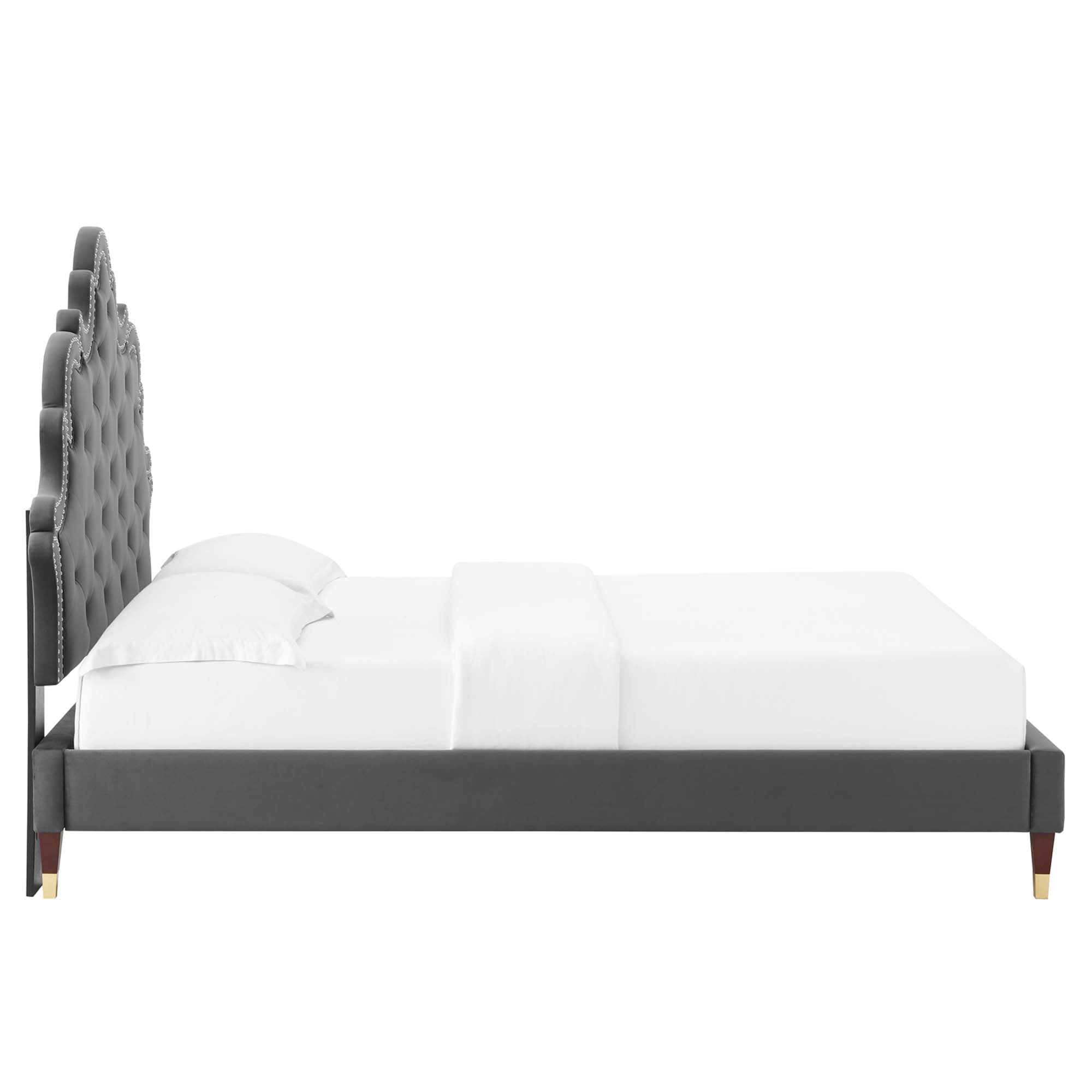 Ernie Charcoal King Platform Bed Frame – Stain-Resistant Performance Velvet with Gold Accents
