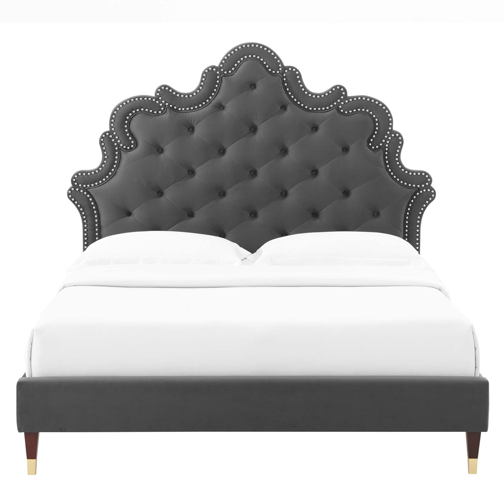Ernie Charcoal King Platform Bed Frame – Stain-Resistant Performance Velvet with Gold Accents