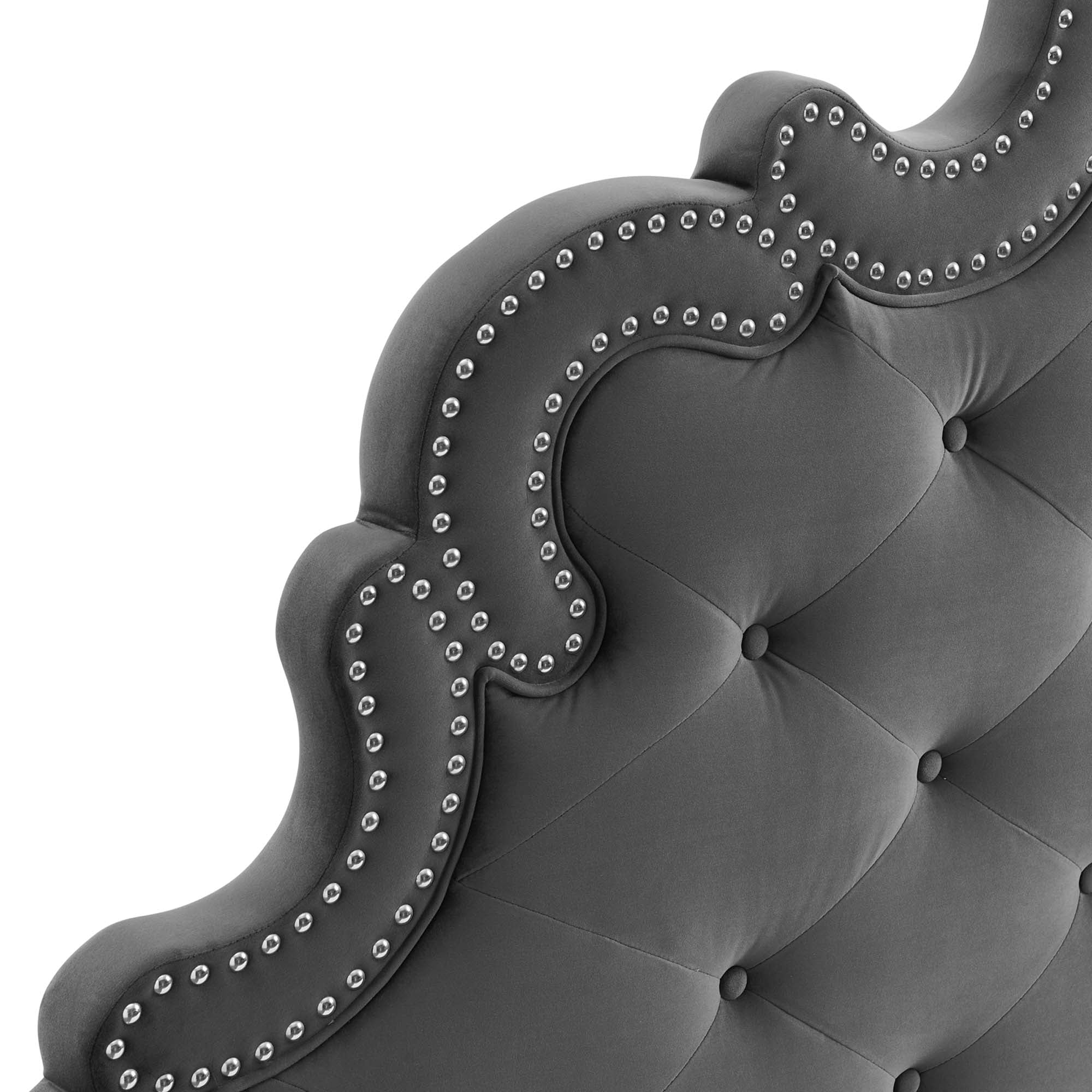 Ernie Charcoal King Platform Bed Frame – Stain-Resistant Performance Velvet with Gold Accents