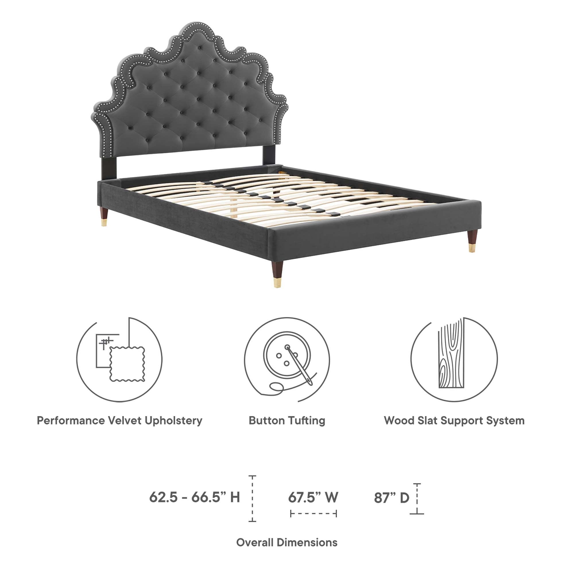 Ernie Charcoal King Platform Bed Frame – Stain-Resistant Performance Velvet with Gold Accents