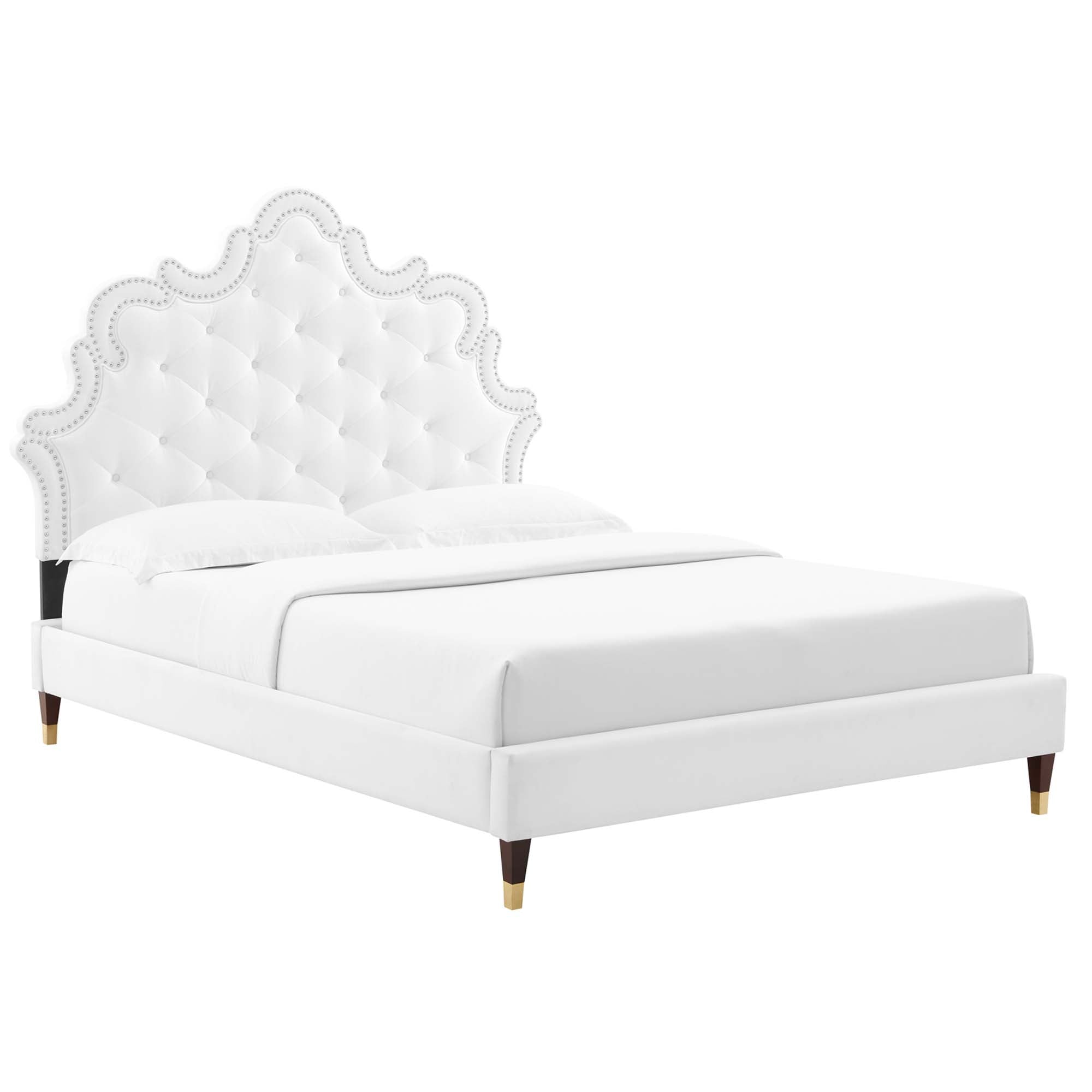 Ernie Charcoal King Platform Bed Frame – Stain-Resistant Performance Velvet with Gold Accents