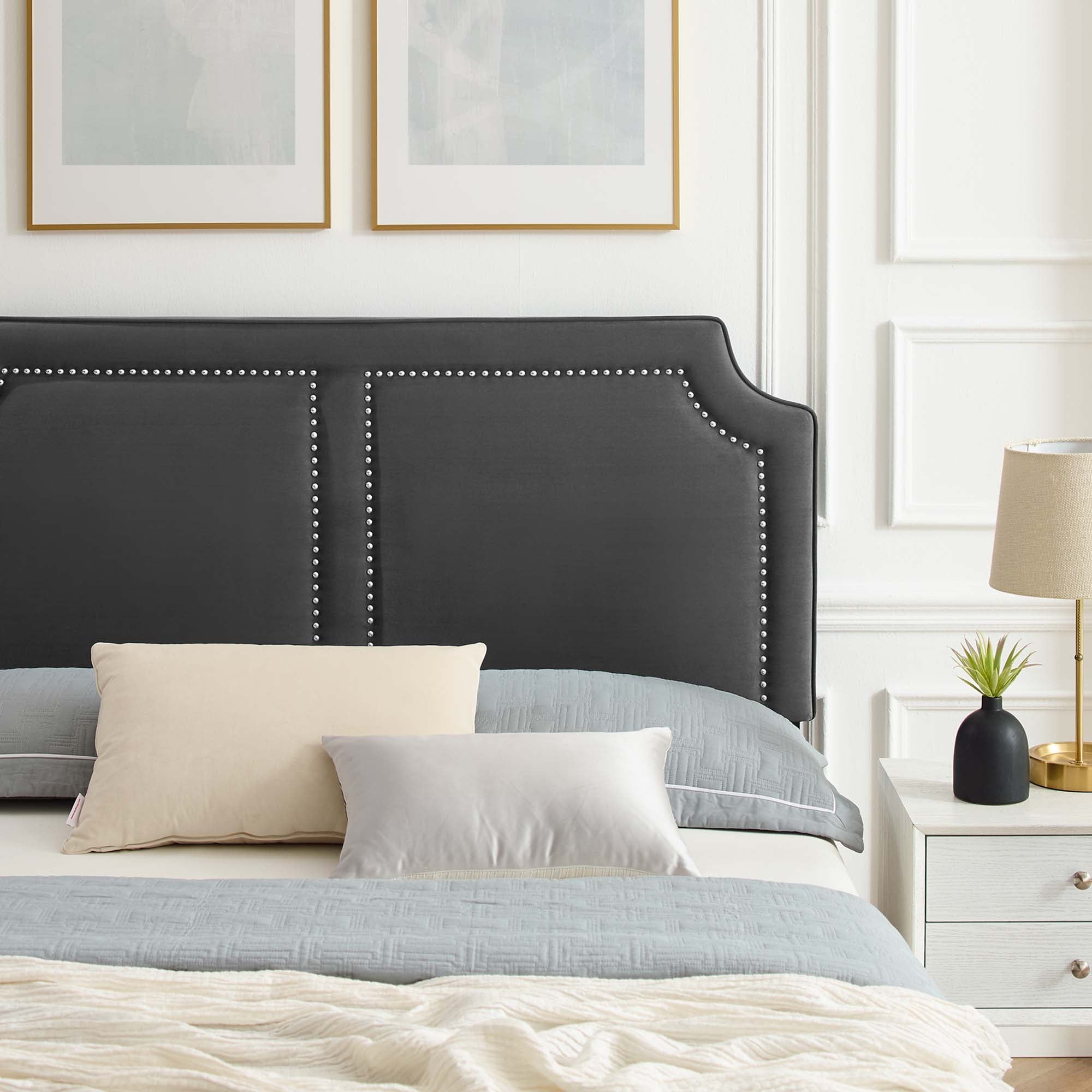 Kaelis King Charcoal Performance Velvet Platform Bed – Upholstered Headboard with Nailhead Trim