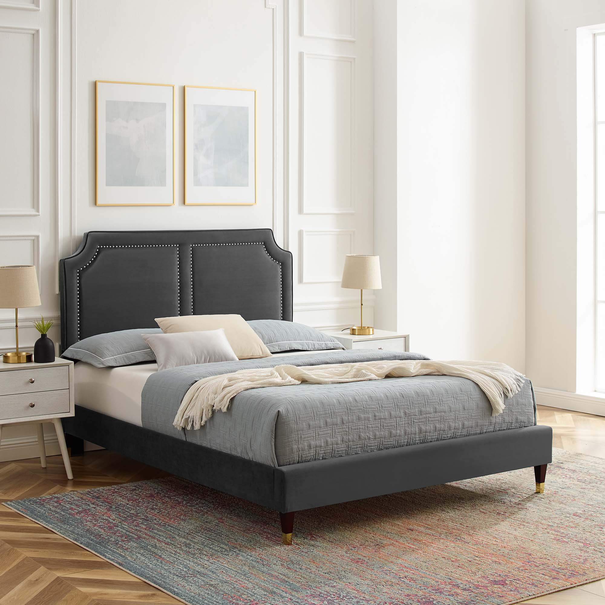 Kaelis King Charcoal Performance Velvet Platform Bed – Upholstered Headboard with Nailhead Trim