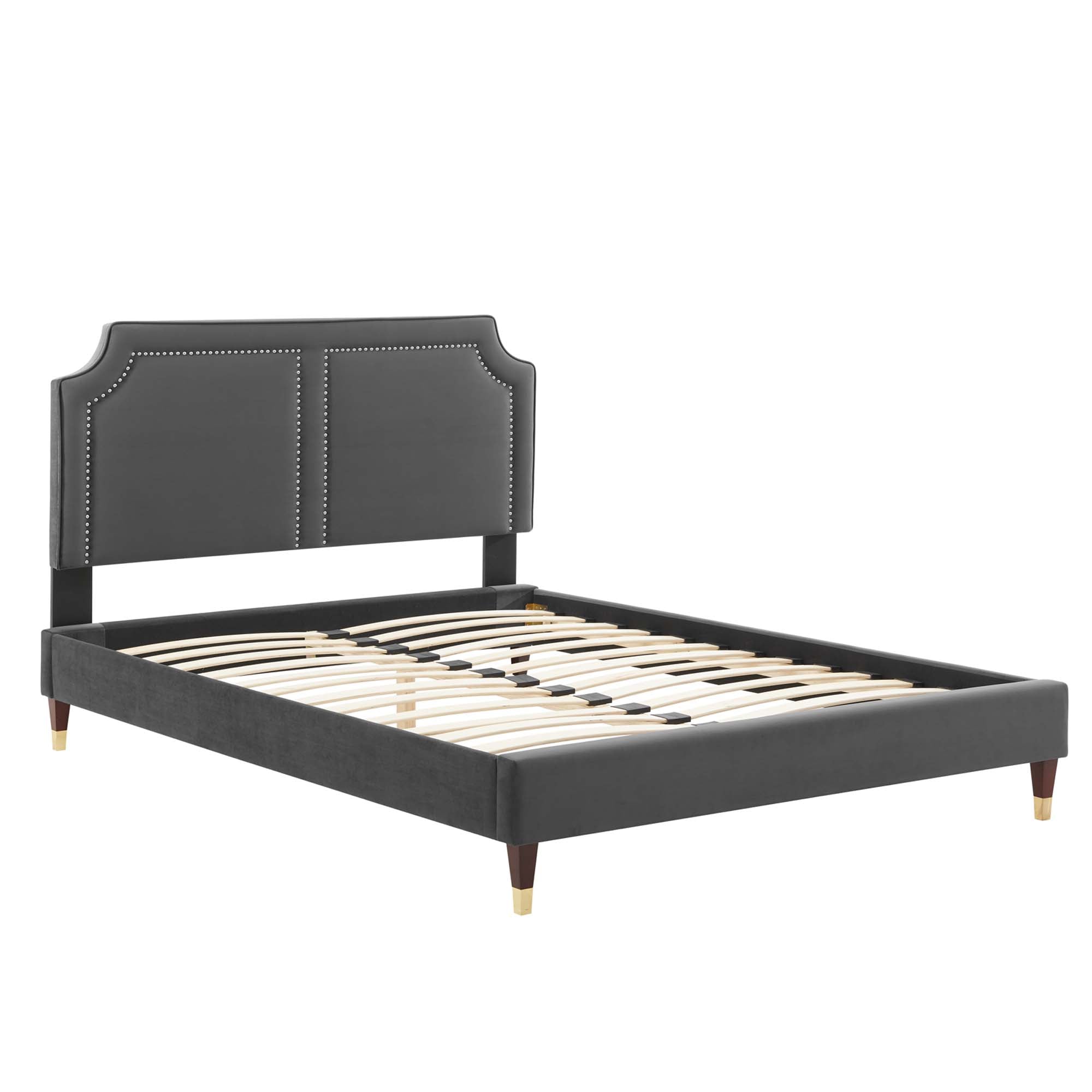 Kaelis King Charcoal Performance Velvet Platform Bed – Upholstered Headboard with Nailhead Trim