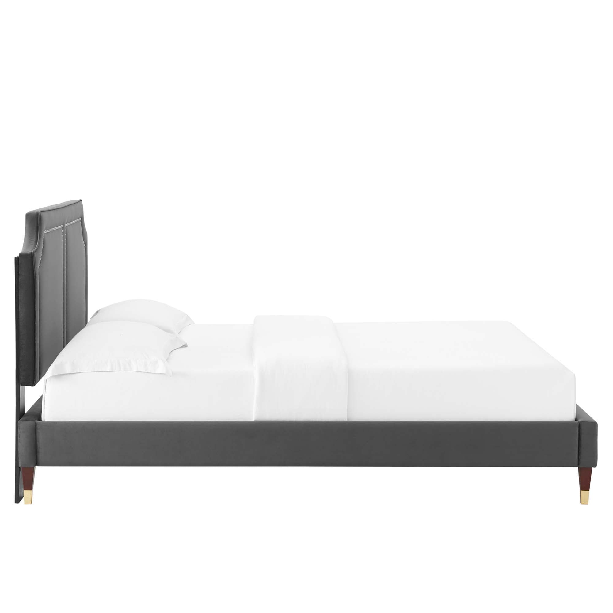 Kaelis King Charcoal Performance Velvet Platform Bed – Upholstered Headboard with Nailhead Trim