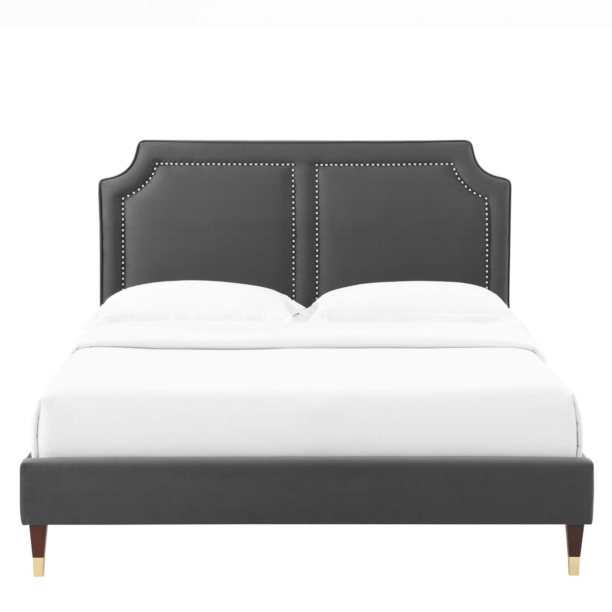 Kaelis King Charcoal Performance Velvet Platform Bed – Upholstered Headboard with Nailhead Trim