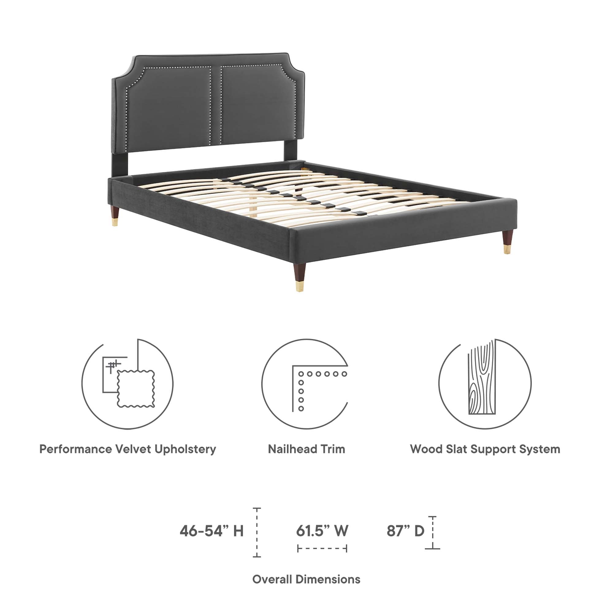 Kaelis King Charcoal Performance Velvet Platform Bed – Upholstered Headboard with Nailhead Trim