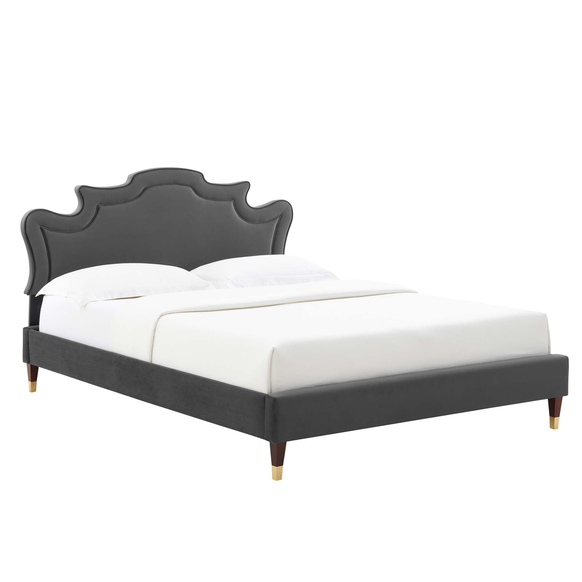 Performance Velvet Bixby King Bed – Victorian Upholstered Platform with Gold Legs