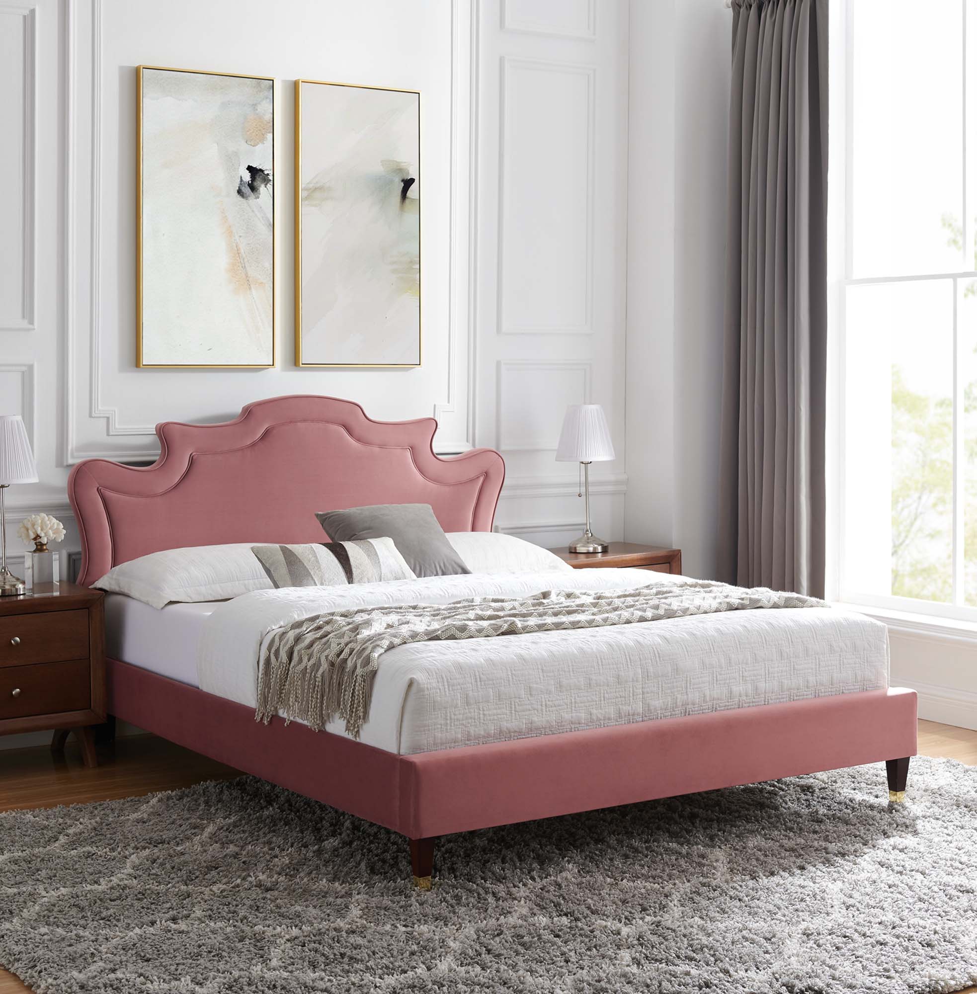 Performance Velvet Bixby King Bed – Victorian Upholstered Platform with Gold Legs