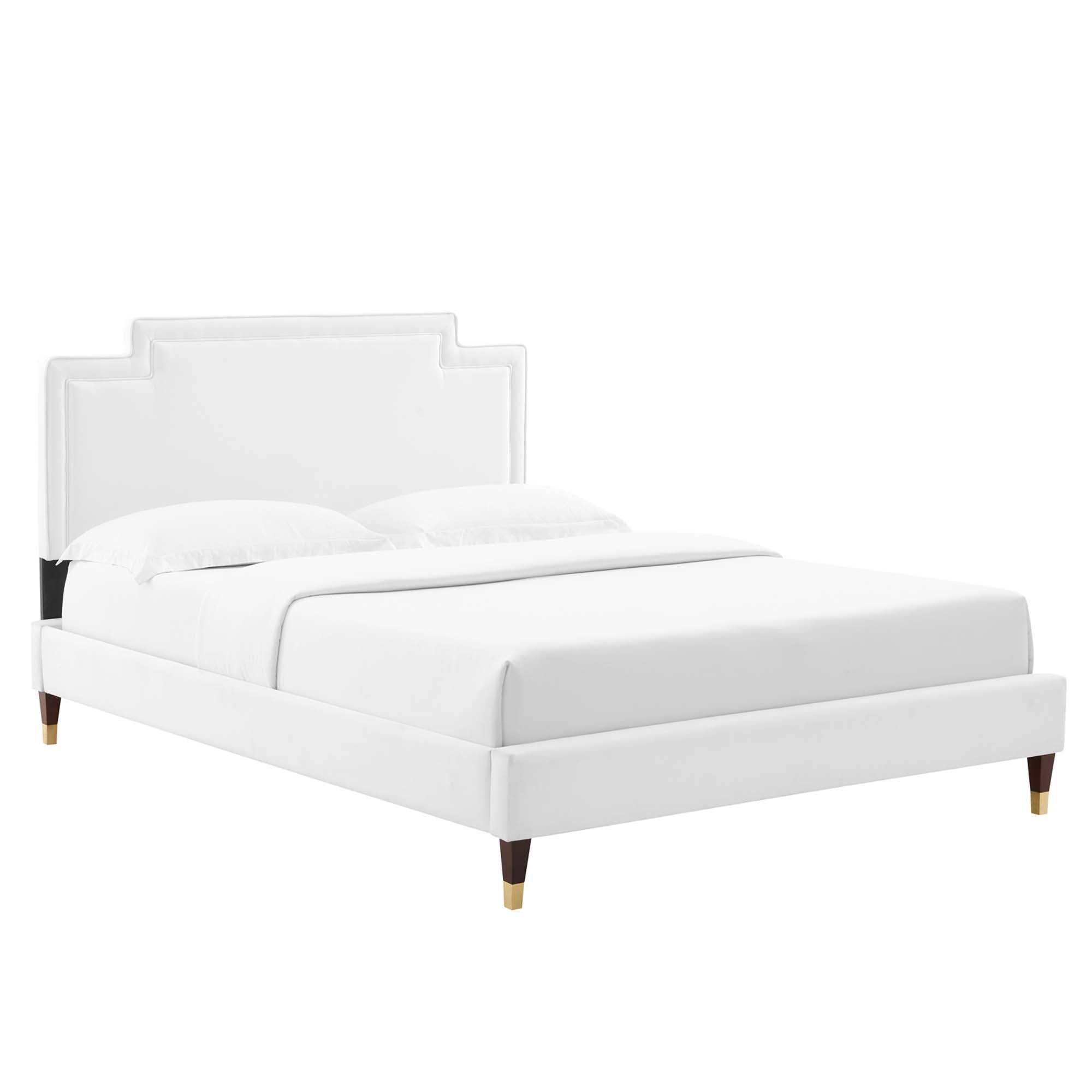 Prim King Size Velvet Upholstered Bed – White Performance Fabric, Sleek Tufting