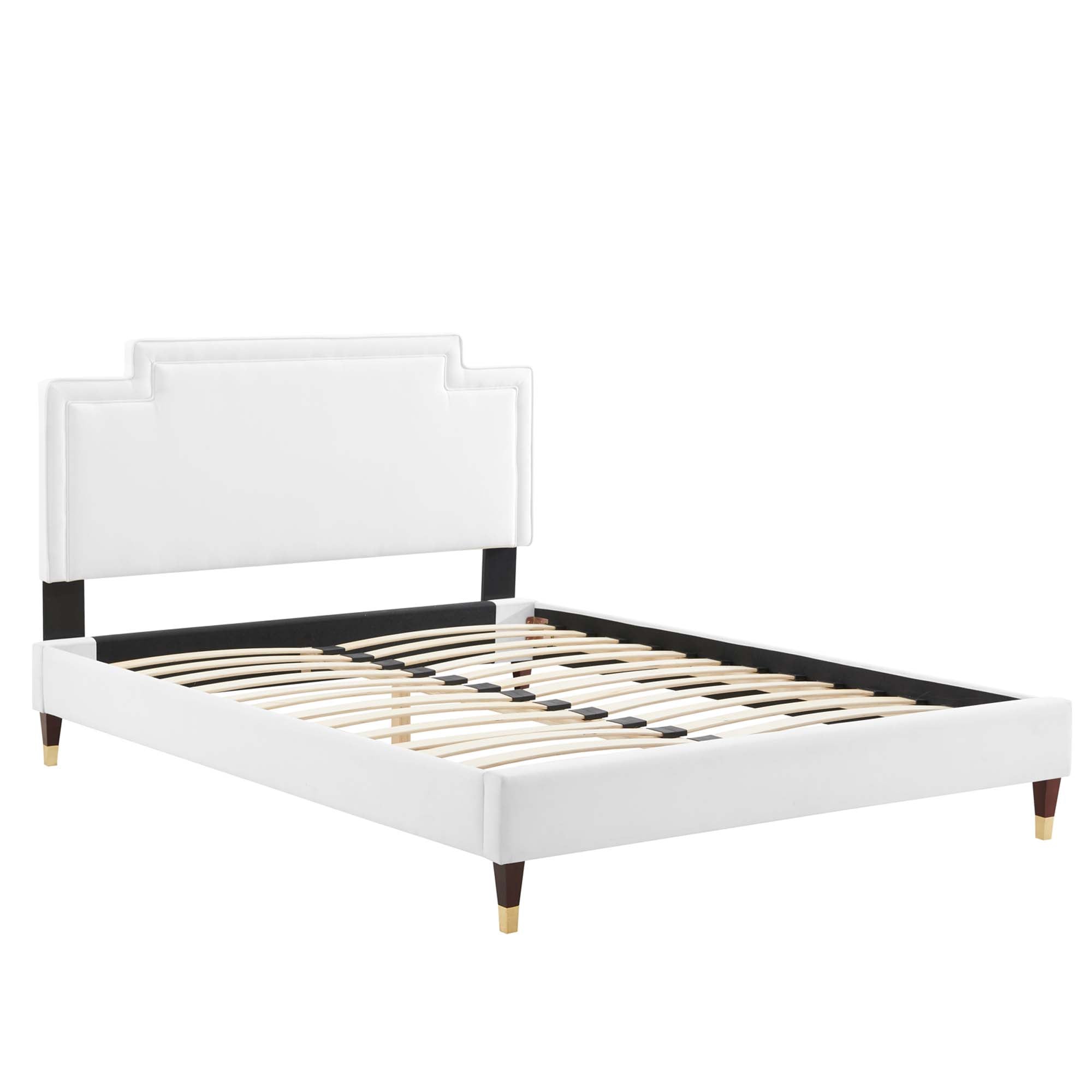 Prim King Size Velvet Upholstered Bed – White Performance Fabric, Sleek Tufting