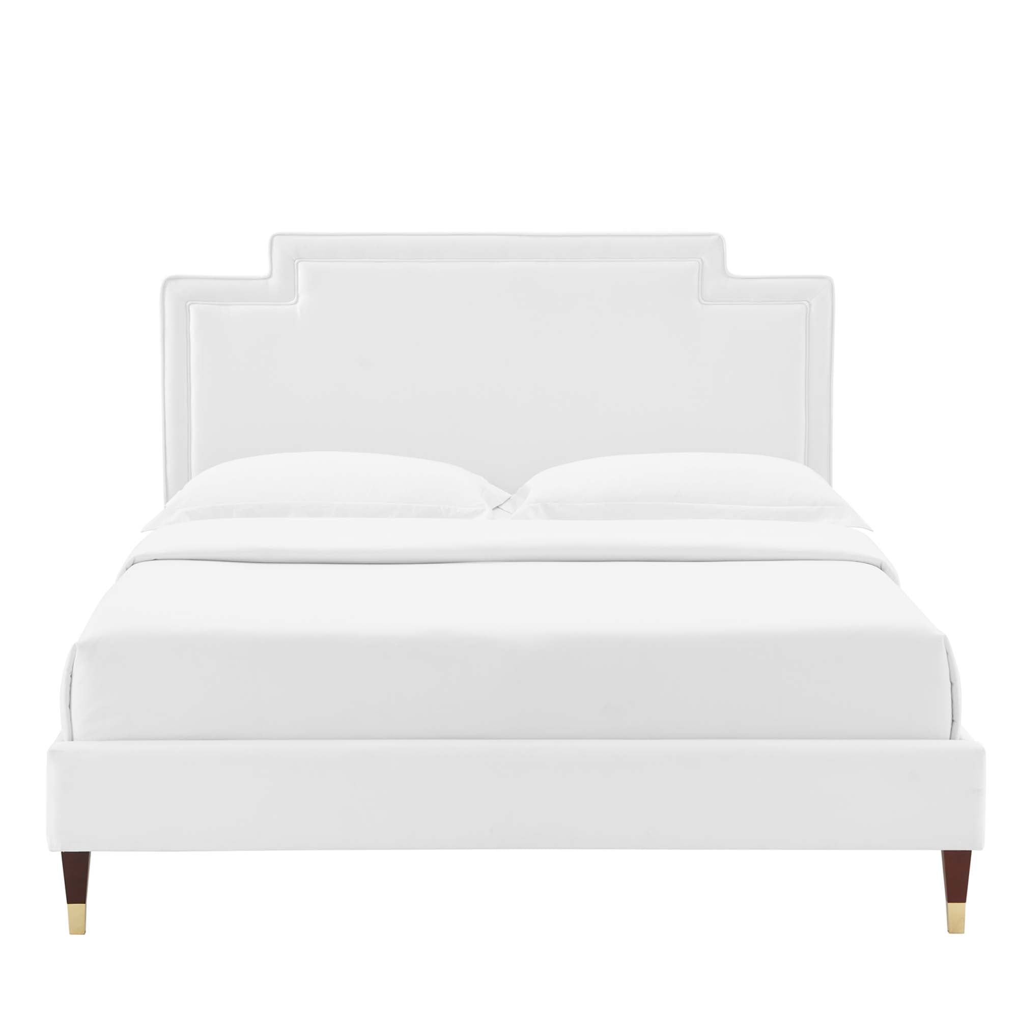 Prim King Size Velvet Upholstered Bed – White Performance Fabric, Sleek Tufting