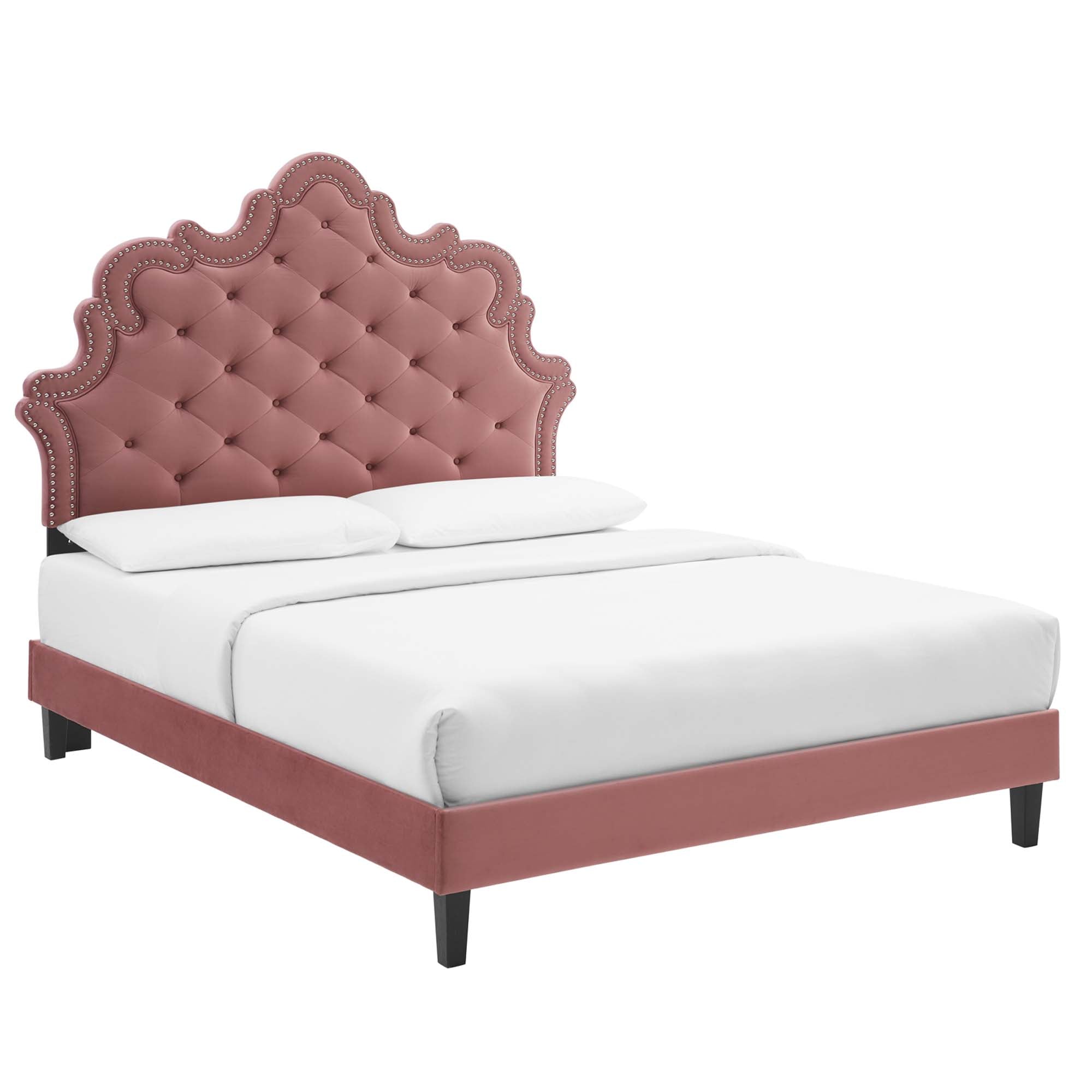 King Isle Victorian Platform Bed – Button-Tufted Performance Velvet Dusty Rose
