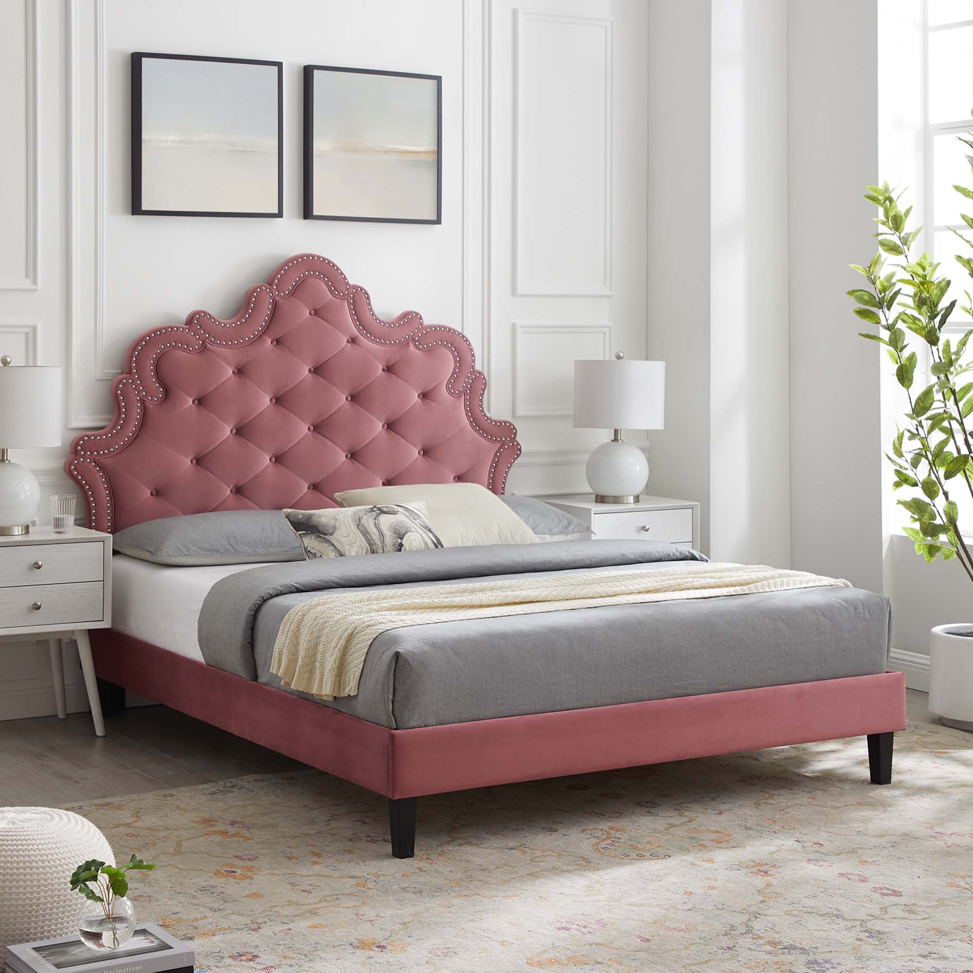 King Isle Victorian Platform Bed – Button-Tufted Performance Velvet Dusty Rose