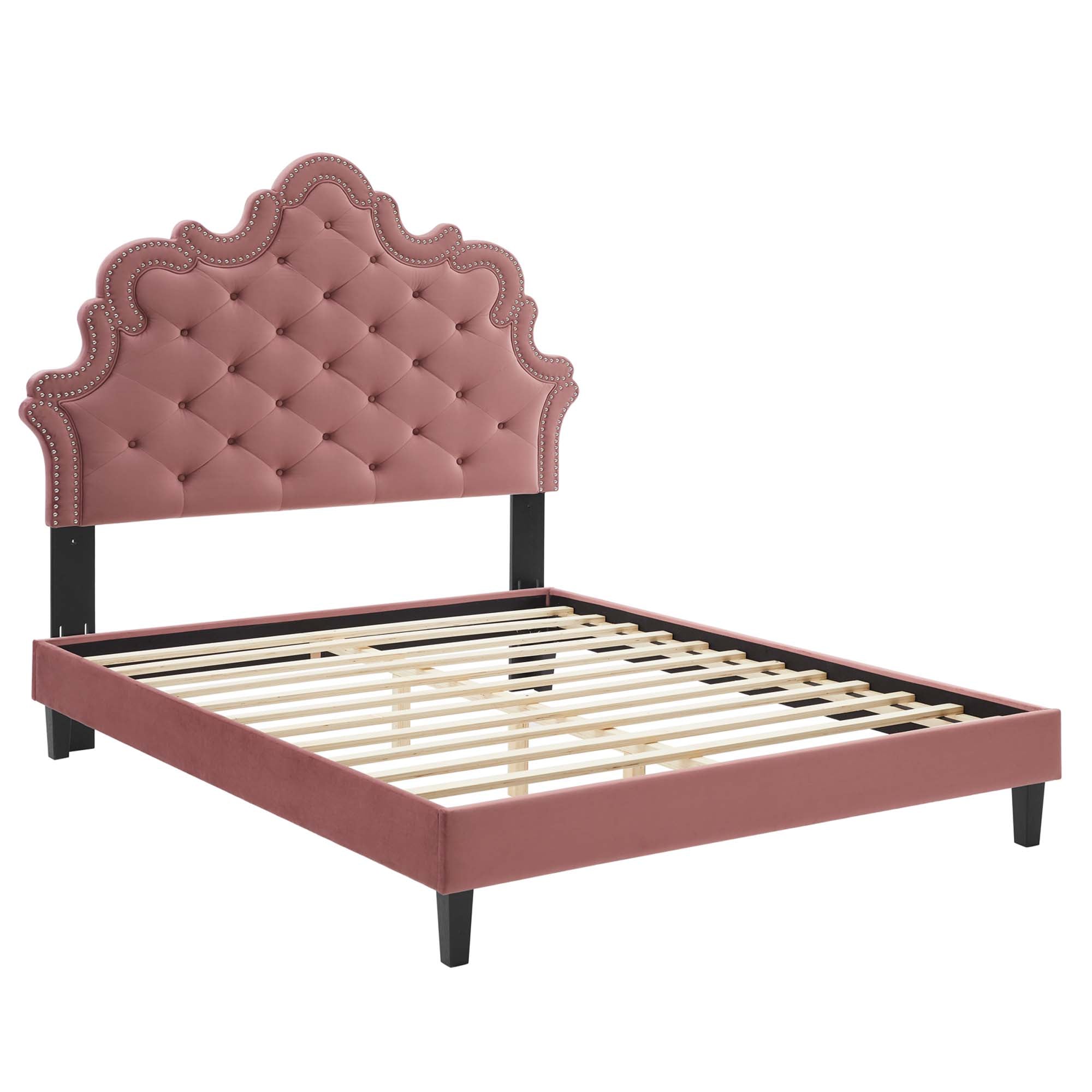 King Isle Victorian Platform Bed – Button-Tufted Performance Velvet Dusty Rose
