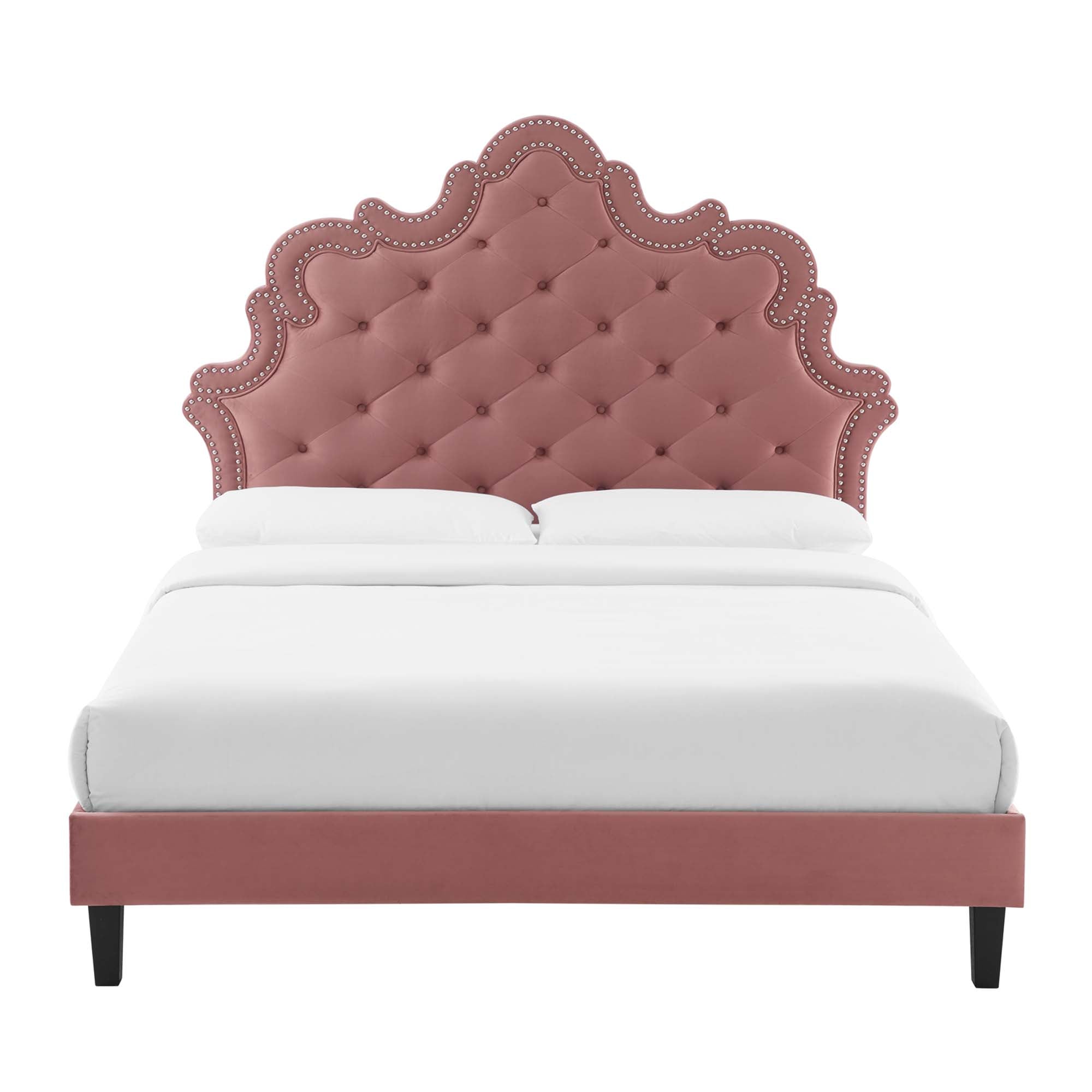King Isle Victorian Platform Bed – Button-Tufted Performance Velvet Dusty Rose