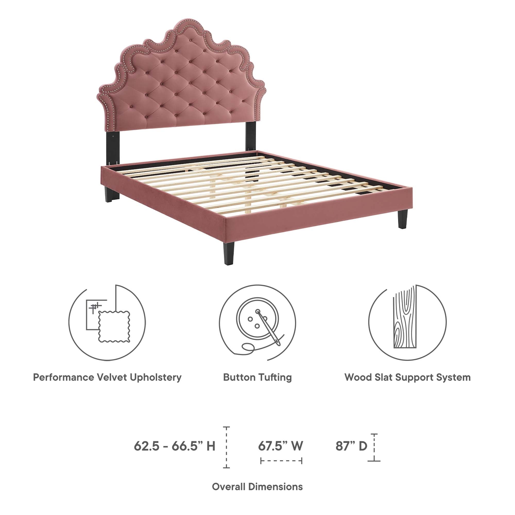 King Isle Victorian Platform Bed – Button-Tufted Performance Velvet Dusty Rose