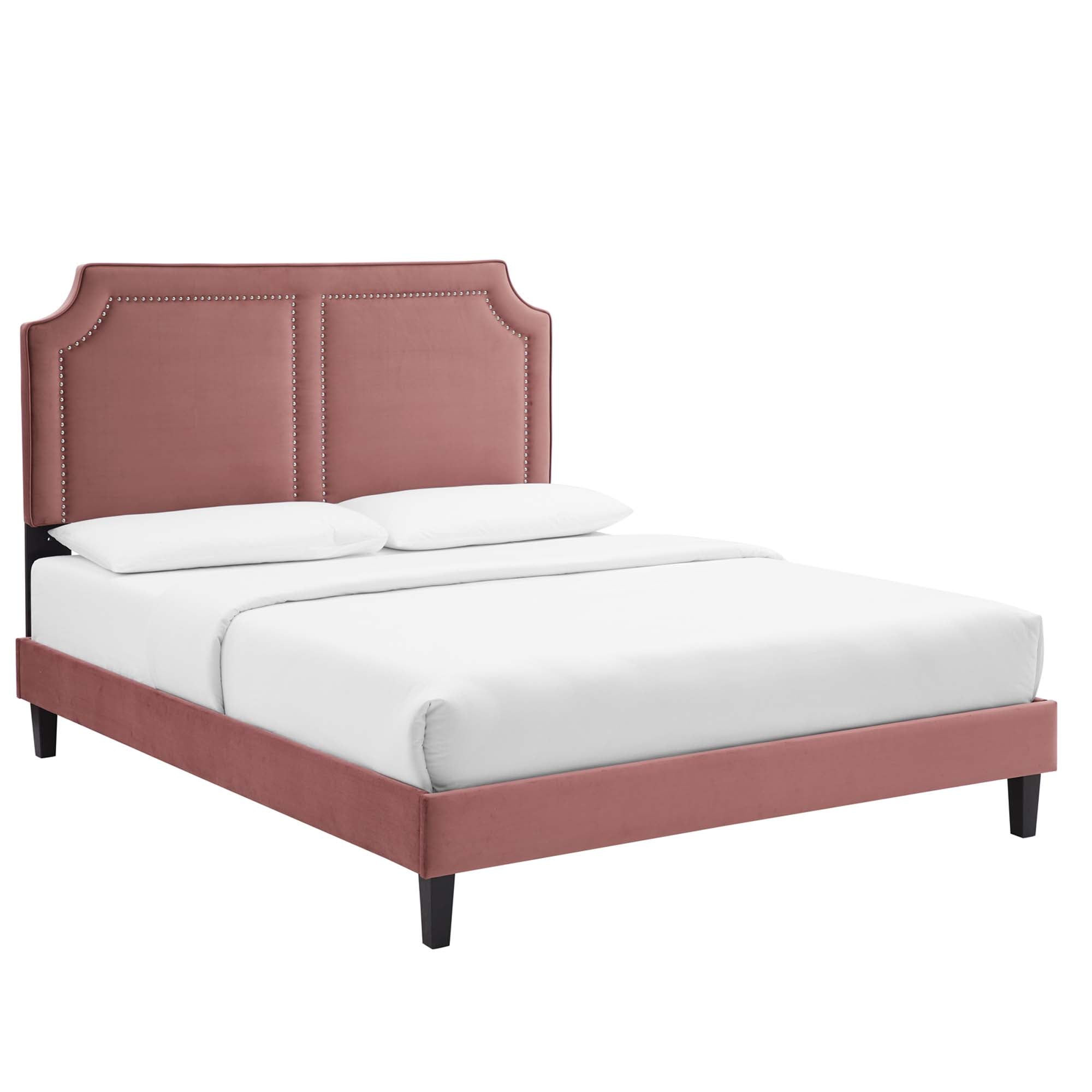 King Verne Performance Velvet Platform Bed – Dusty Rose Upholstered with Nailhead Trim