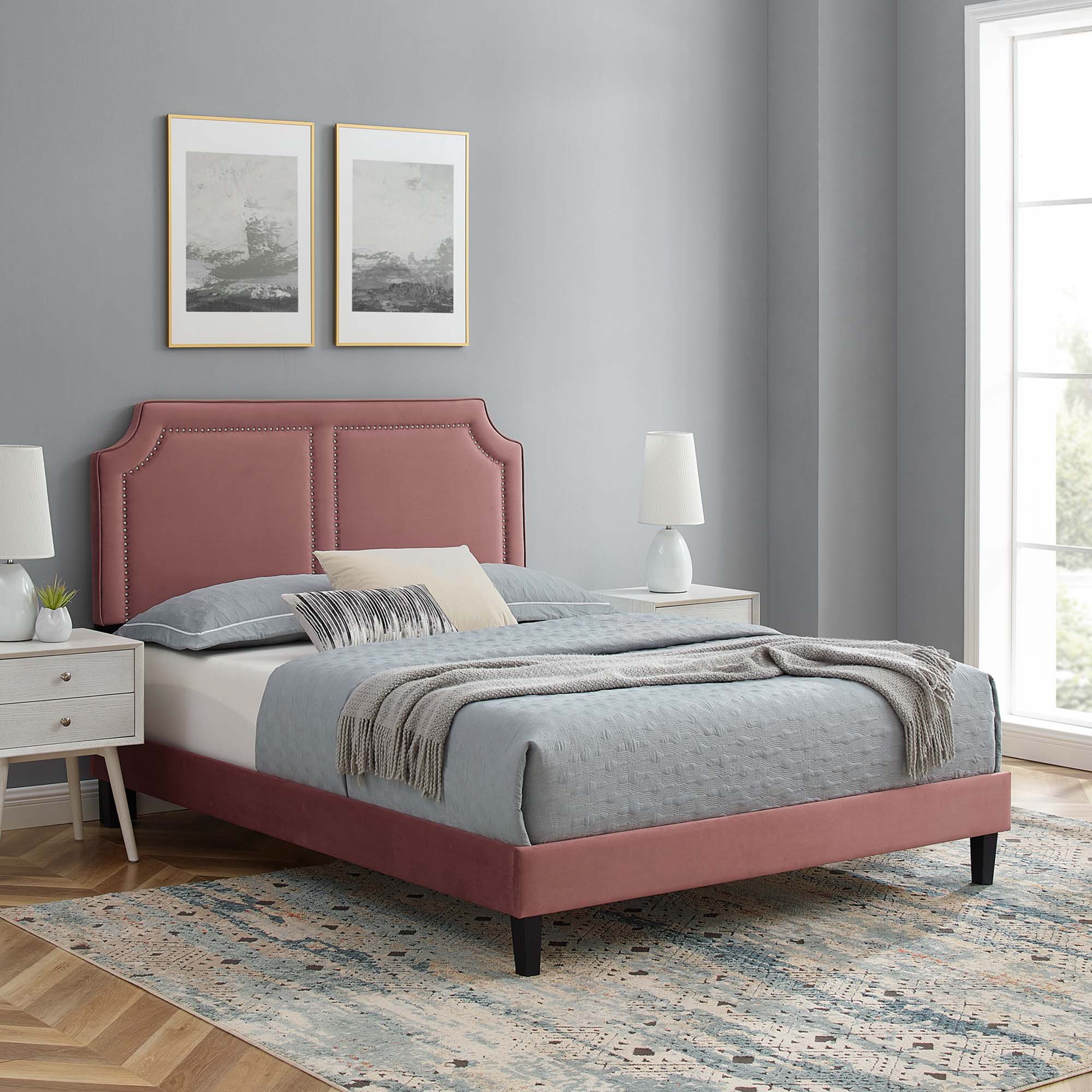 King Verne Performance Velvet Platform Bed – Dusty Rose Upholstered with Nailhead Trim