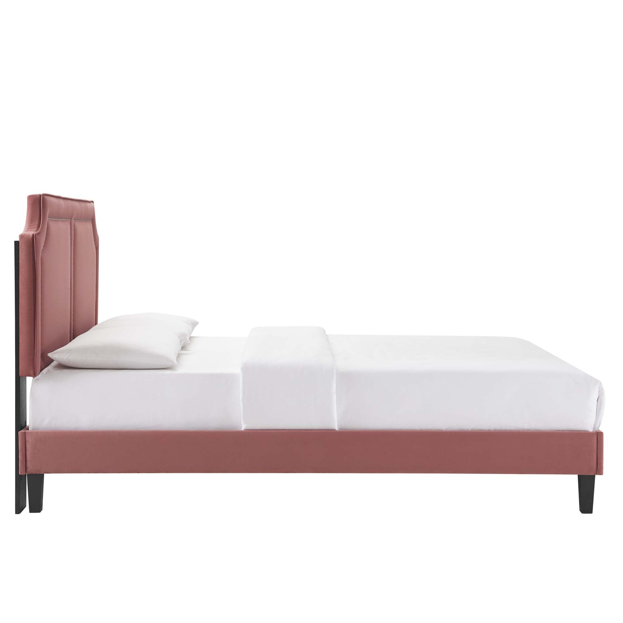 King Verne Performance Velvet Platform Bed – Dusty Rose Upholstered with Nailhead Trim