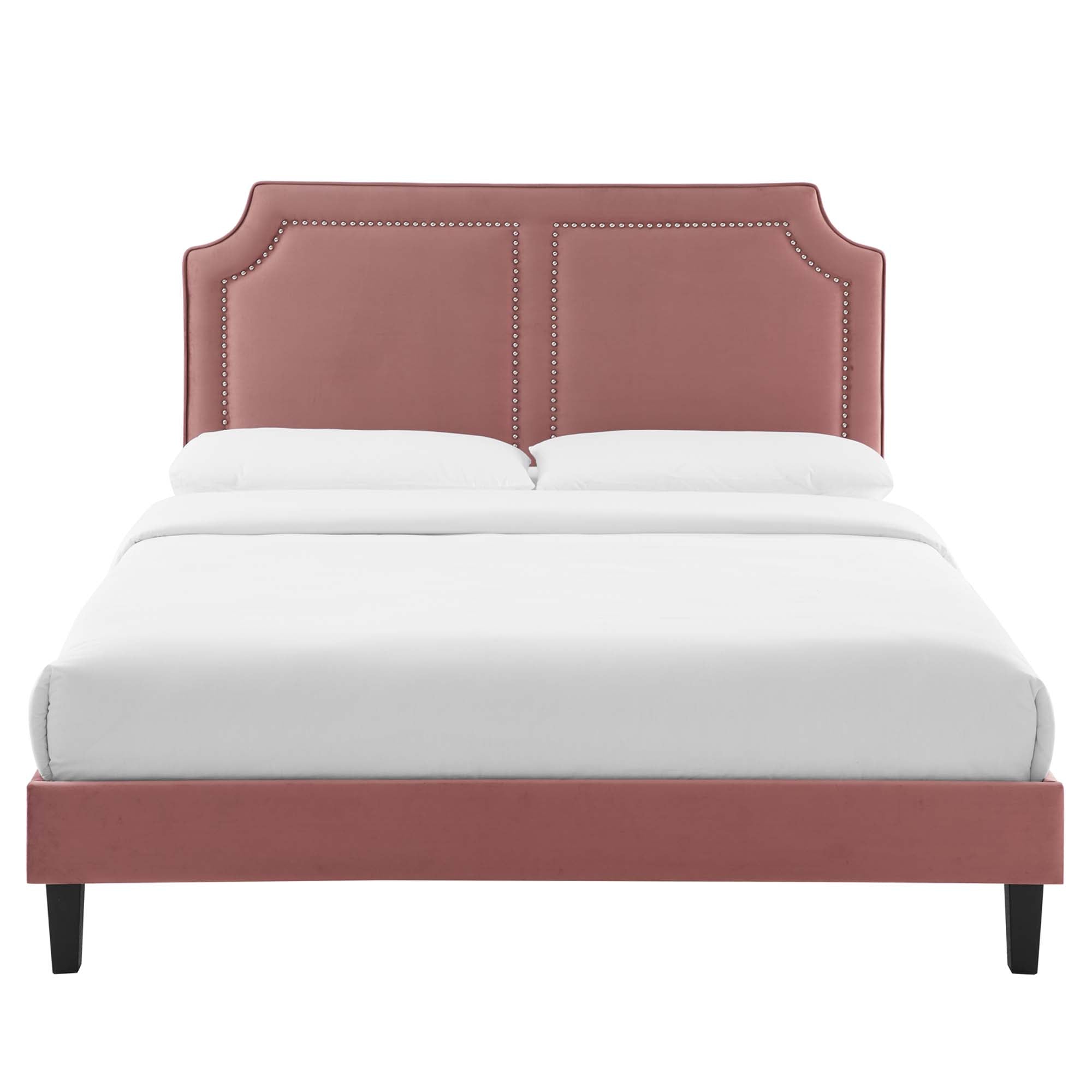 King Verne Performance Velvet Platform Bed – Dusty Rose Upholstered with Nailhead Trim