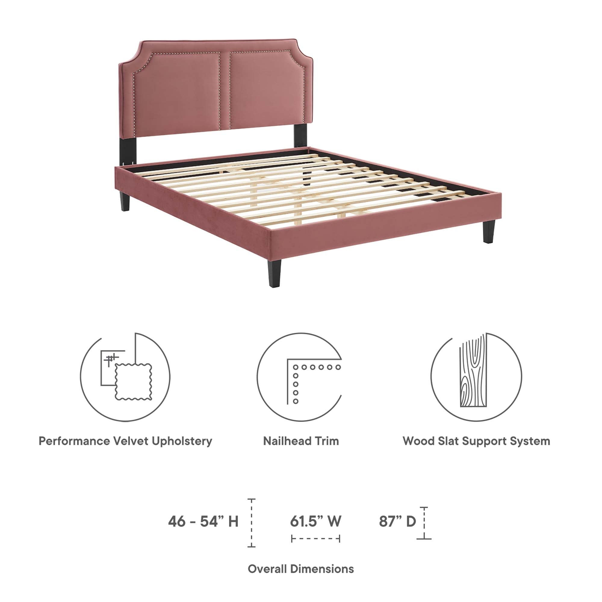 King Verne Performance Velvet Platform Bed – Dusty Rose Upholstered with Nailhead Trim