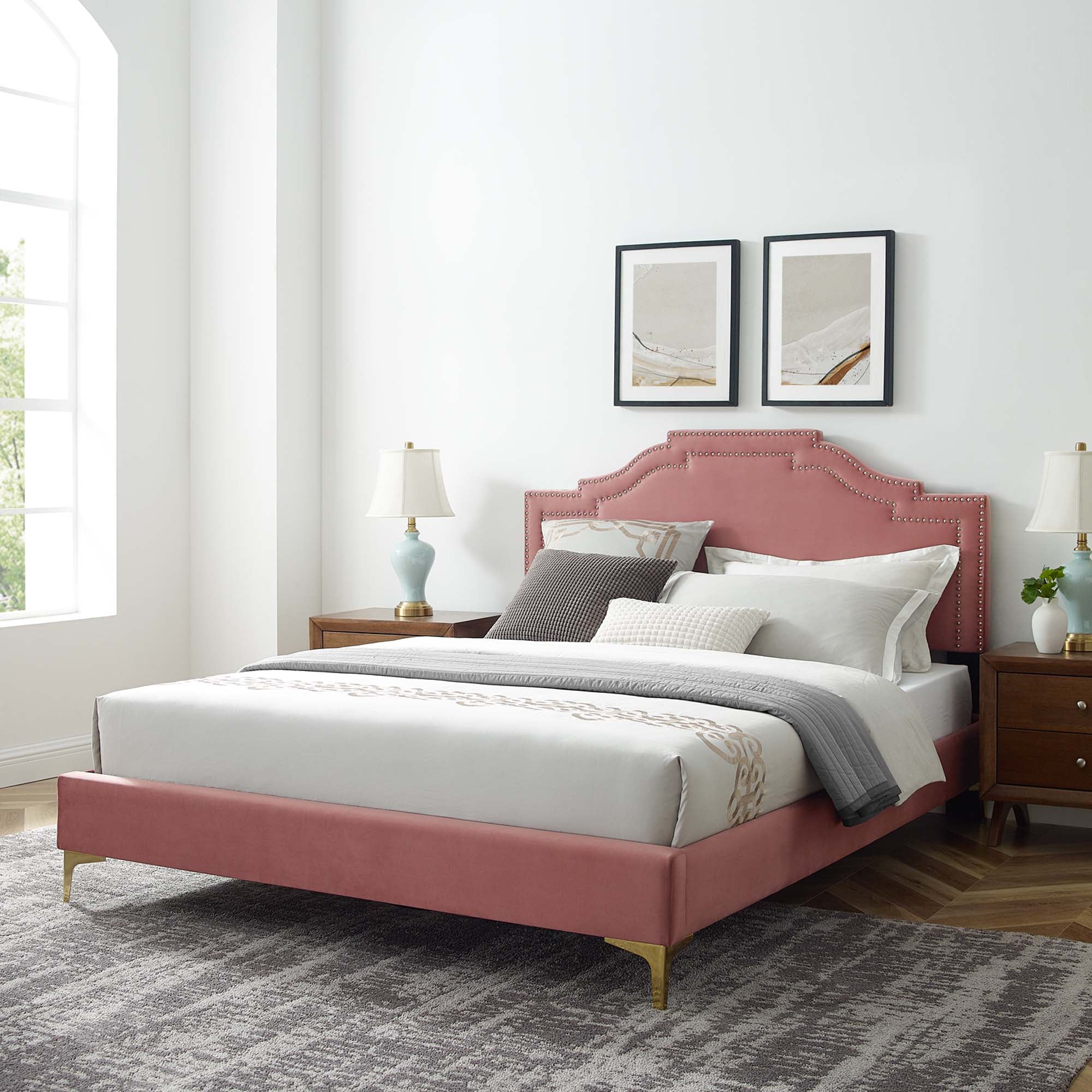 Mori Adelaide King Dusty Rose Velvet Platform Bed – Modern Tufted Headboard, Sturdy Wood Slats