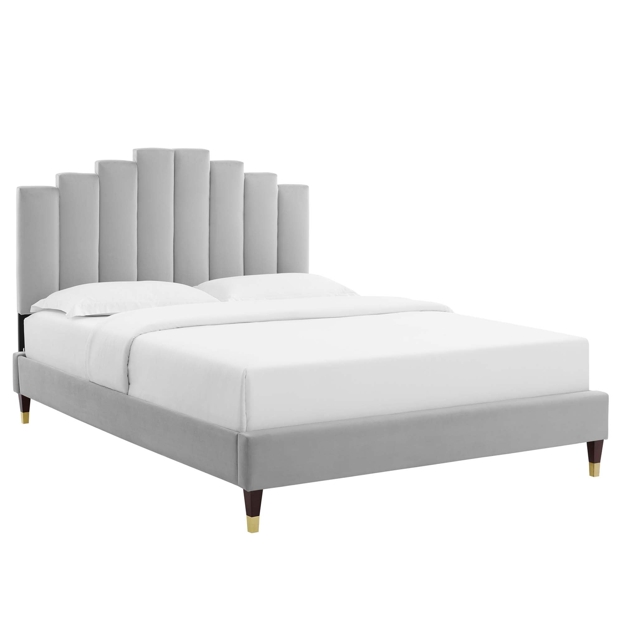 Light Clorwyn Grey Full Performance Velvet Platform Bed – Channel Tufted Headboard
