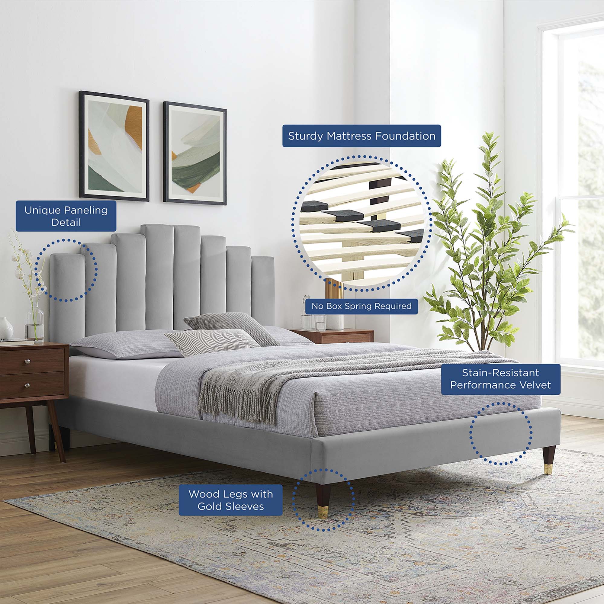 Light Clorwyn Grey Full Performance Velvet Platform Bed – Channel Tufted Headboard