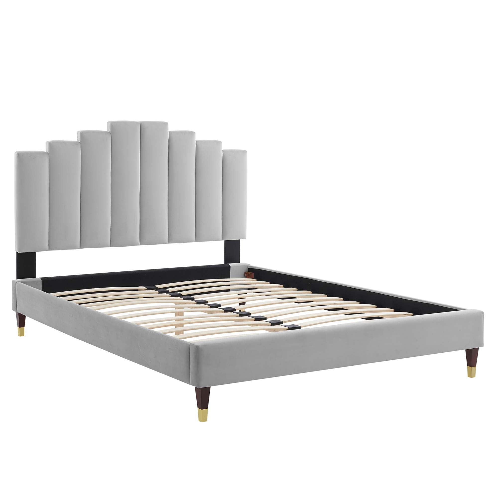 Light Clorwyn Grey Full Performance Velvet Platform Bed – Channel Tufted Headboard