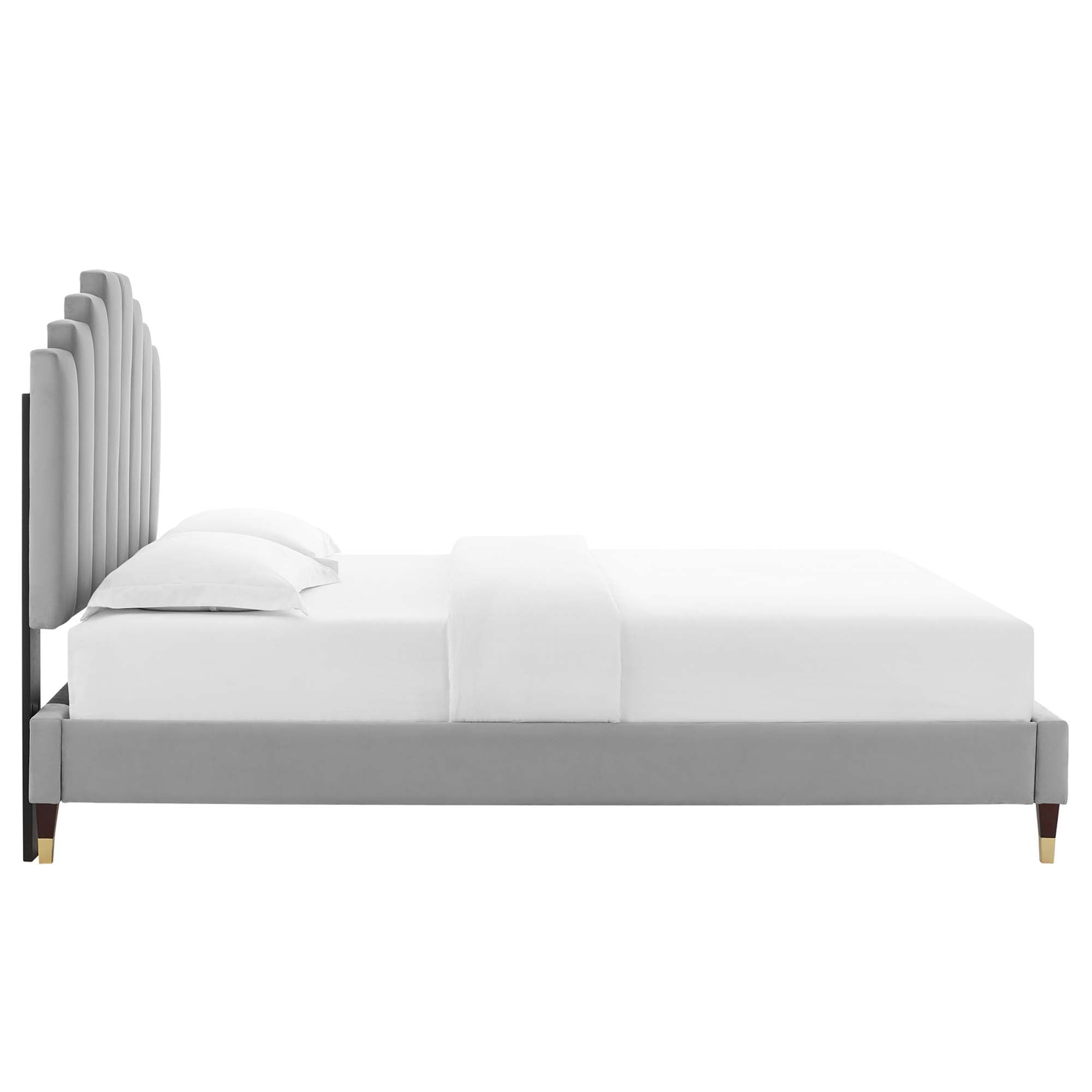Light Clorwyn Grey Full Performance Velvet Platform Bed – Channel Tufted Headboard